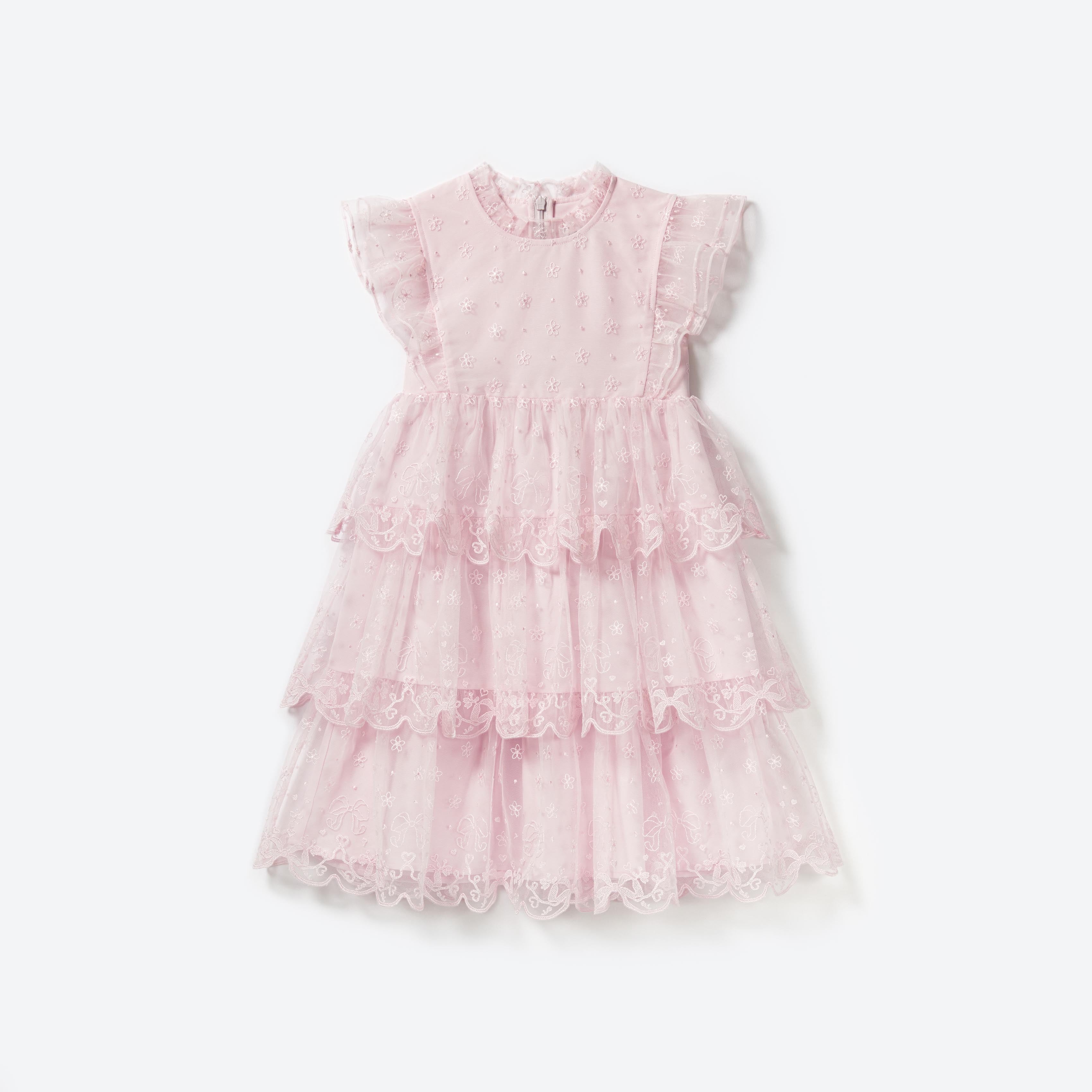 Girls Pink Tulle Embroidered Dress