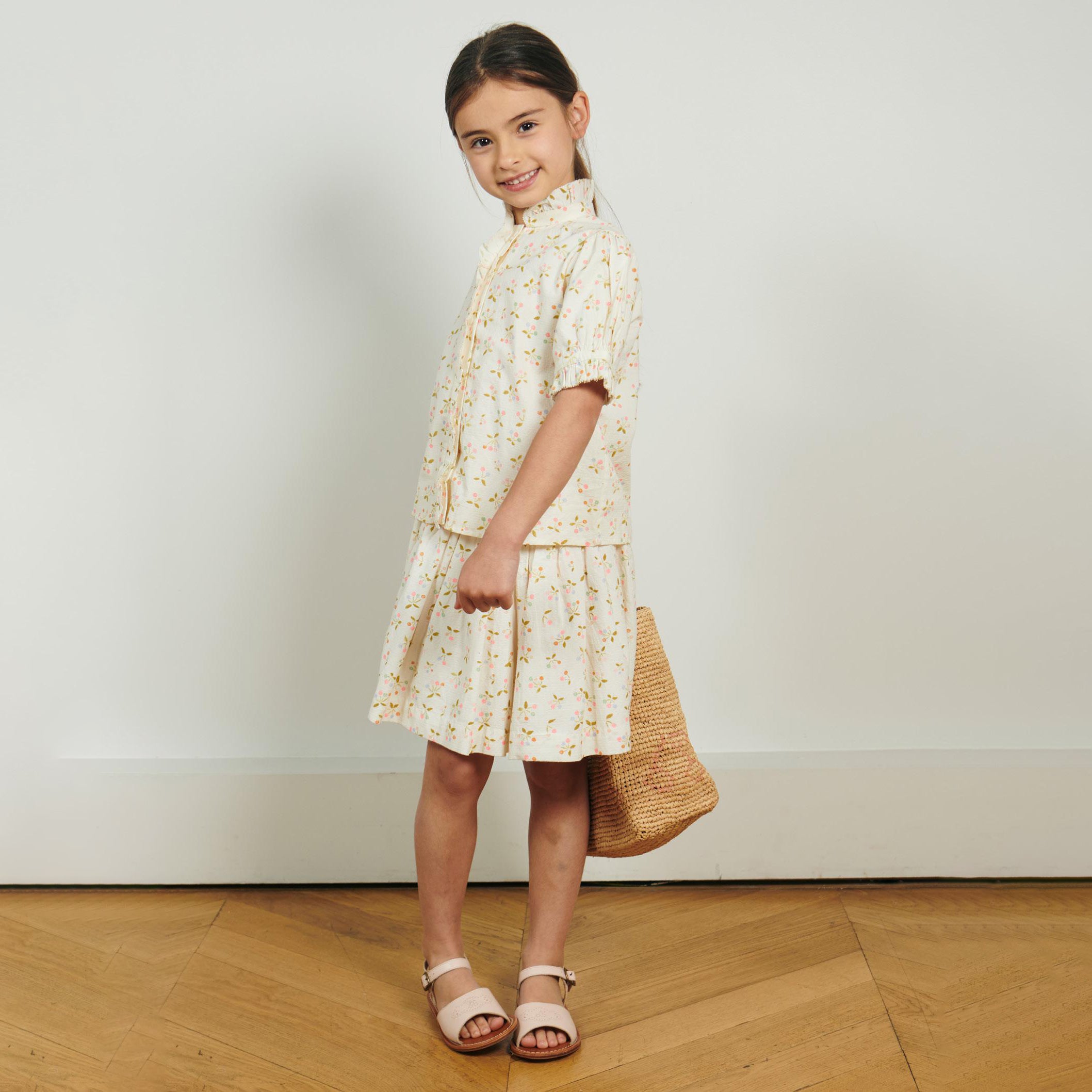 Girls Ivory Cherry Printed Cotton Skirt