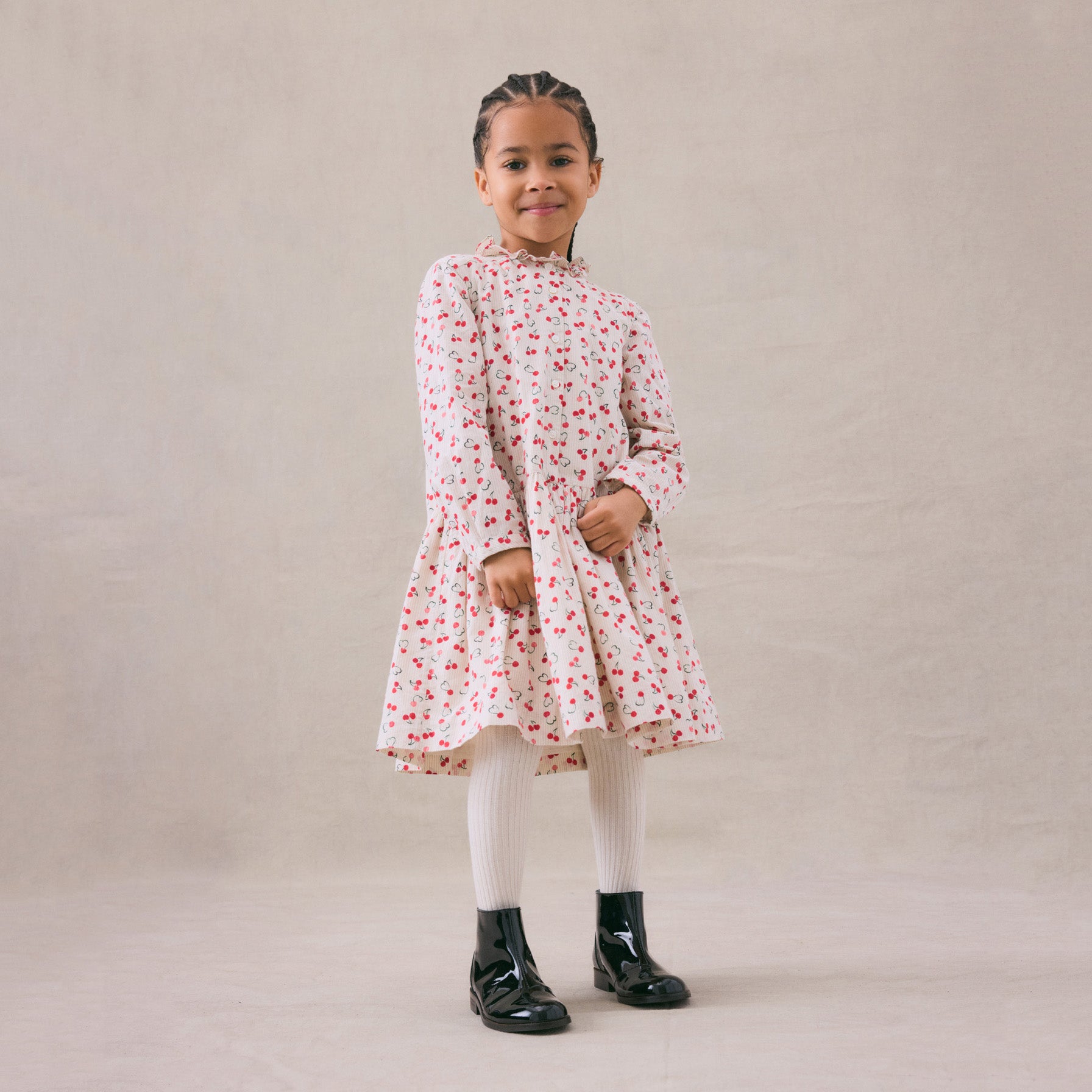 Girls Beige Cherry Cotton Dress