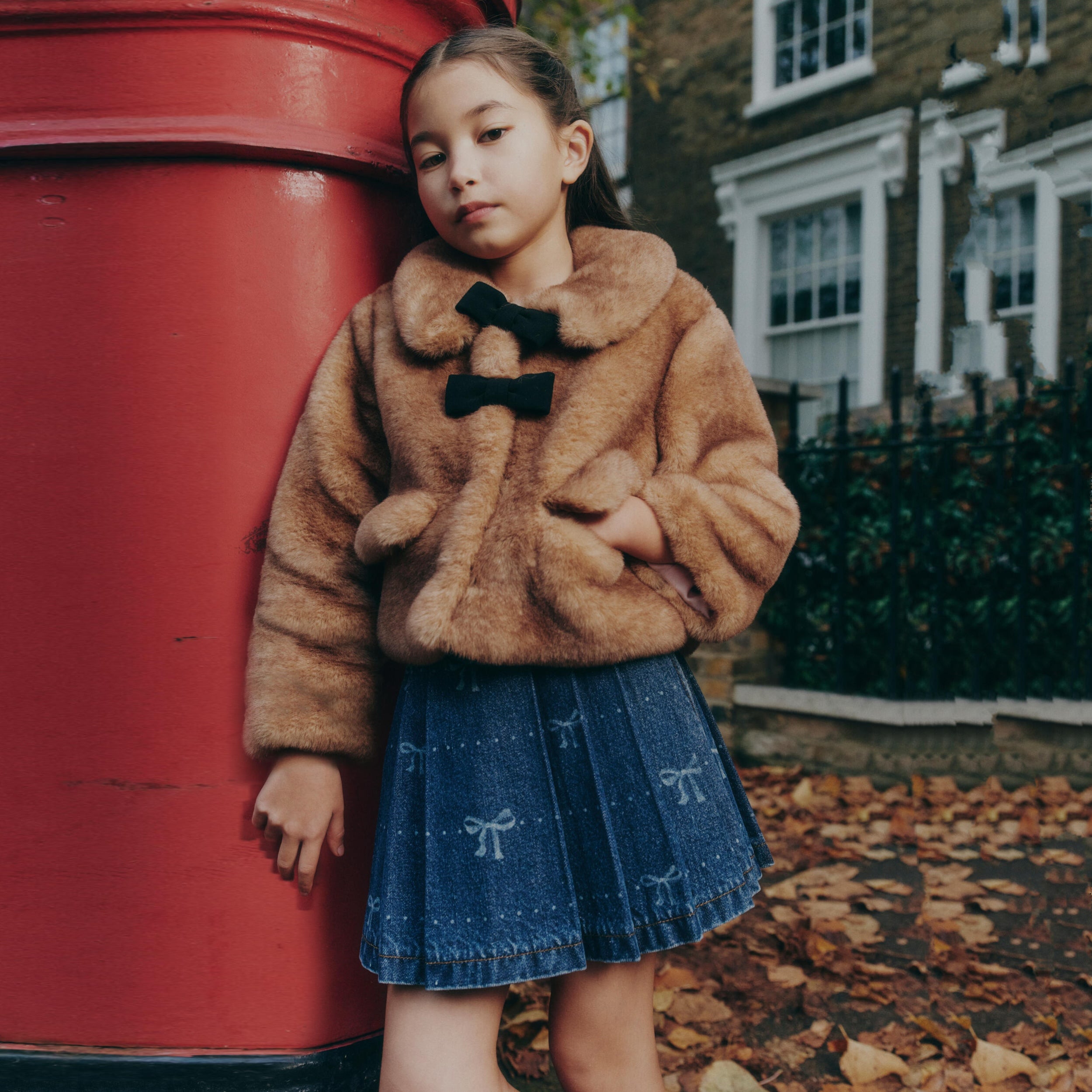 Girls Blue Bow Print Denim Skirt