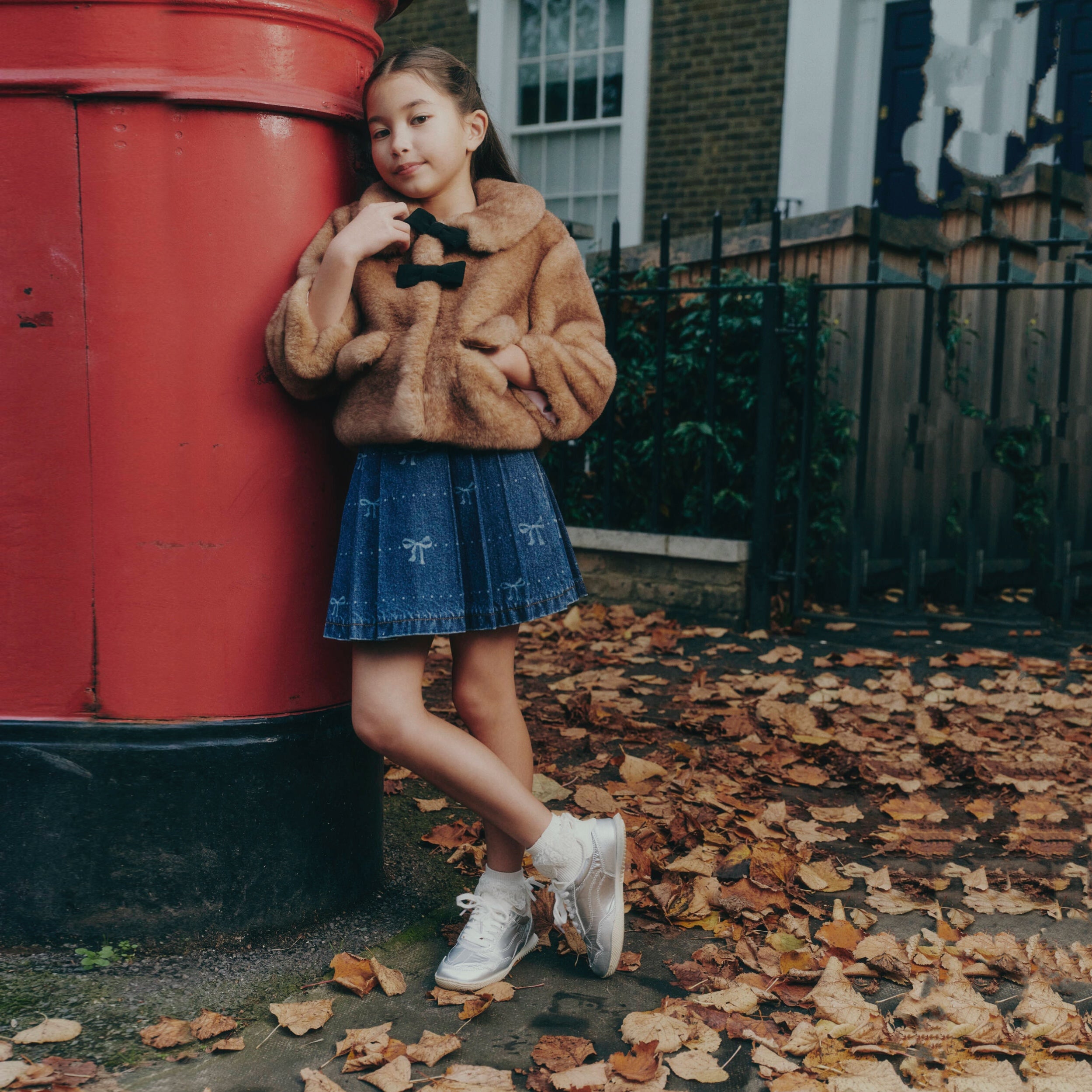 Girls Blue Bow Print Denim Skirt