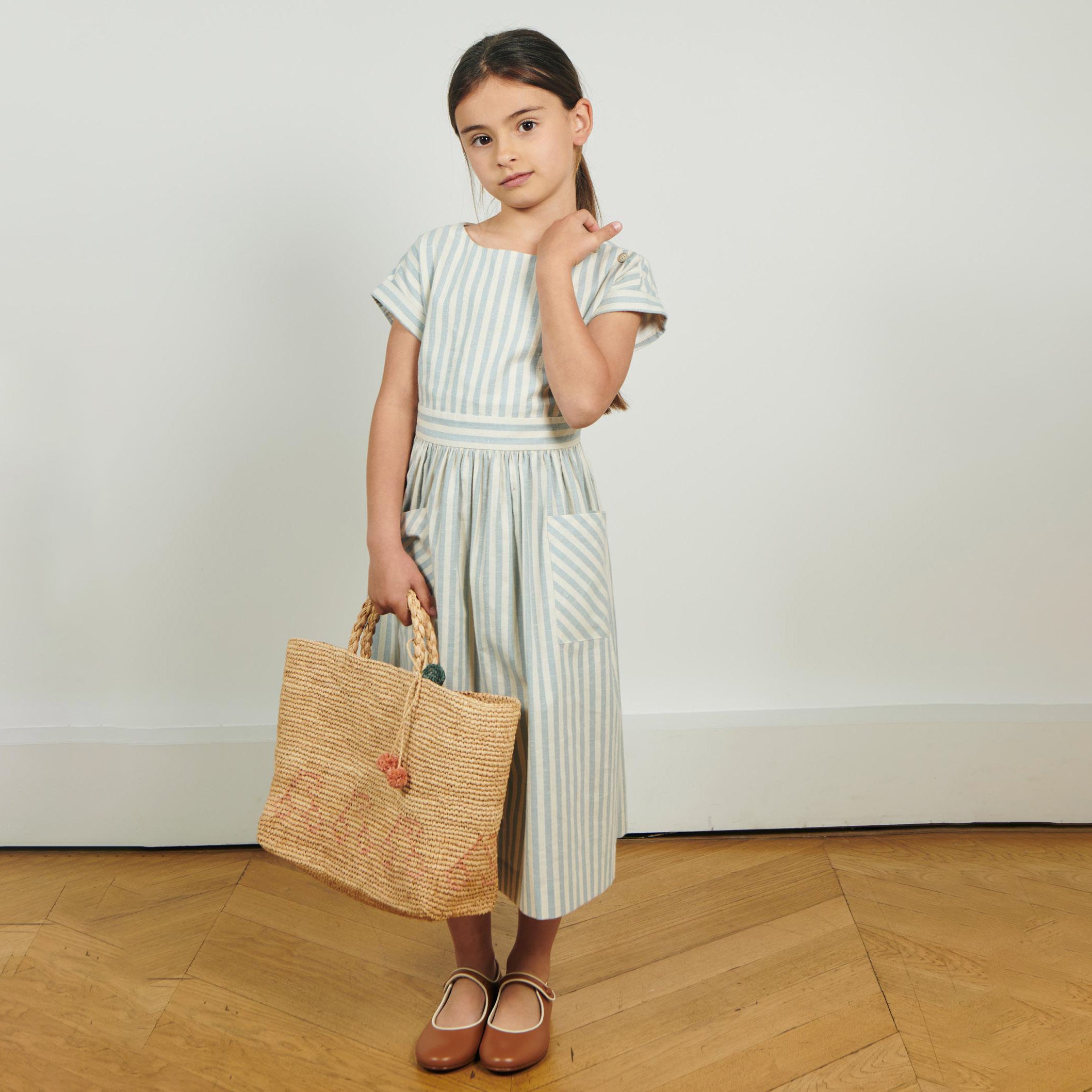 Girls Light Blue Stripes Cotton Dress
