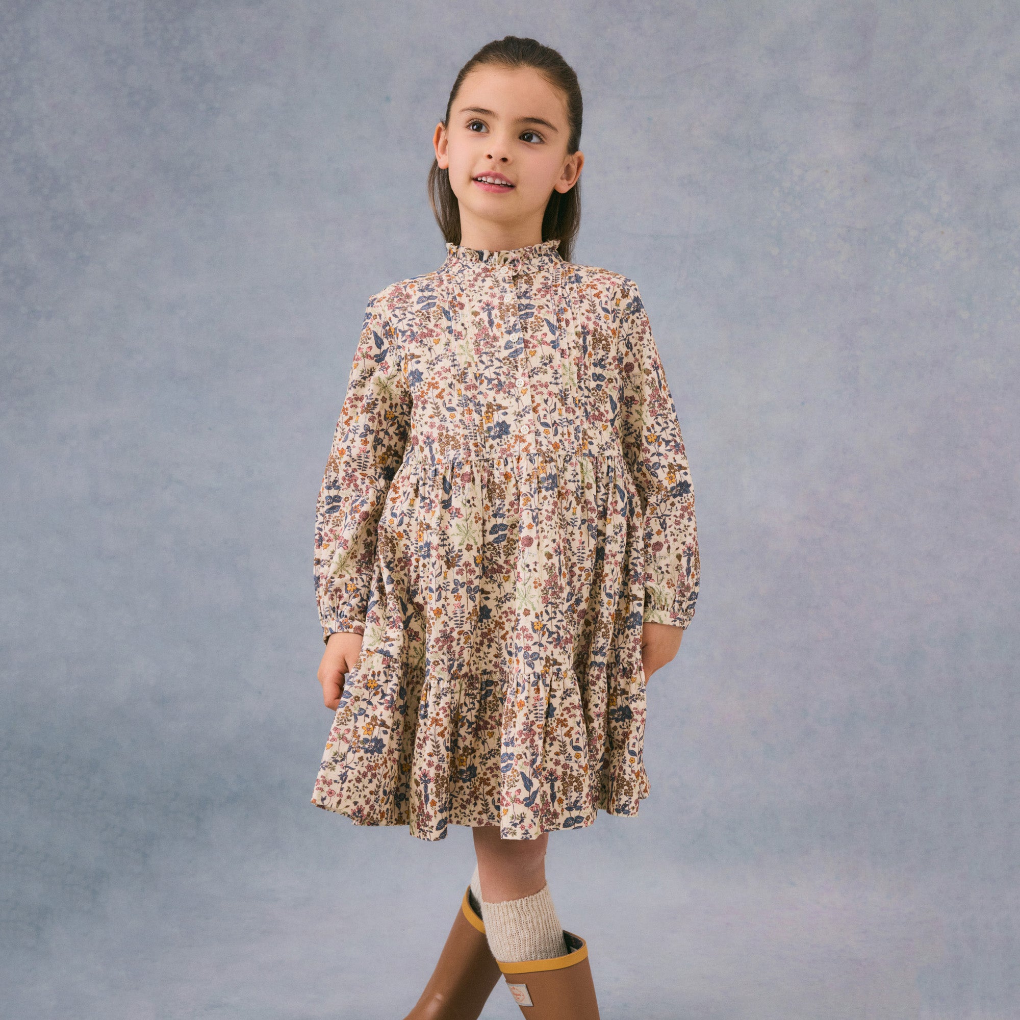 Girls Multicolor Floral Corduroy Dress