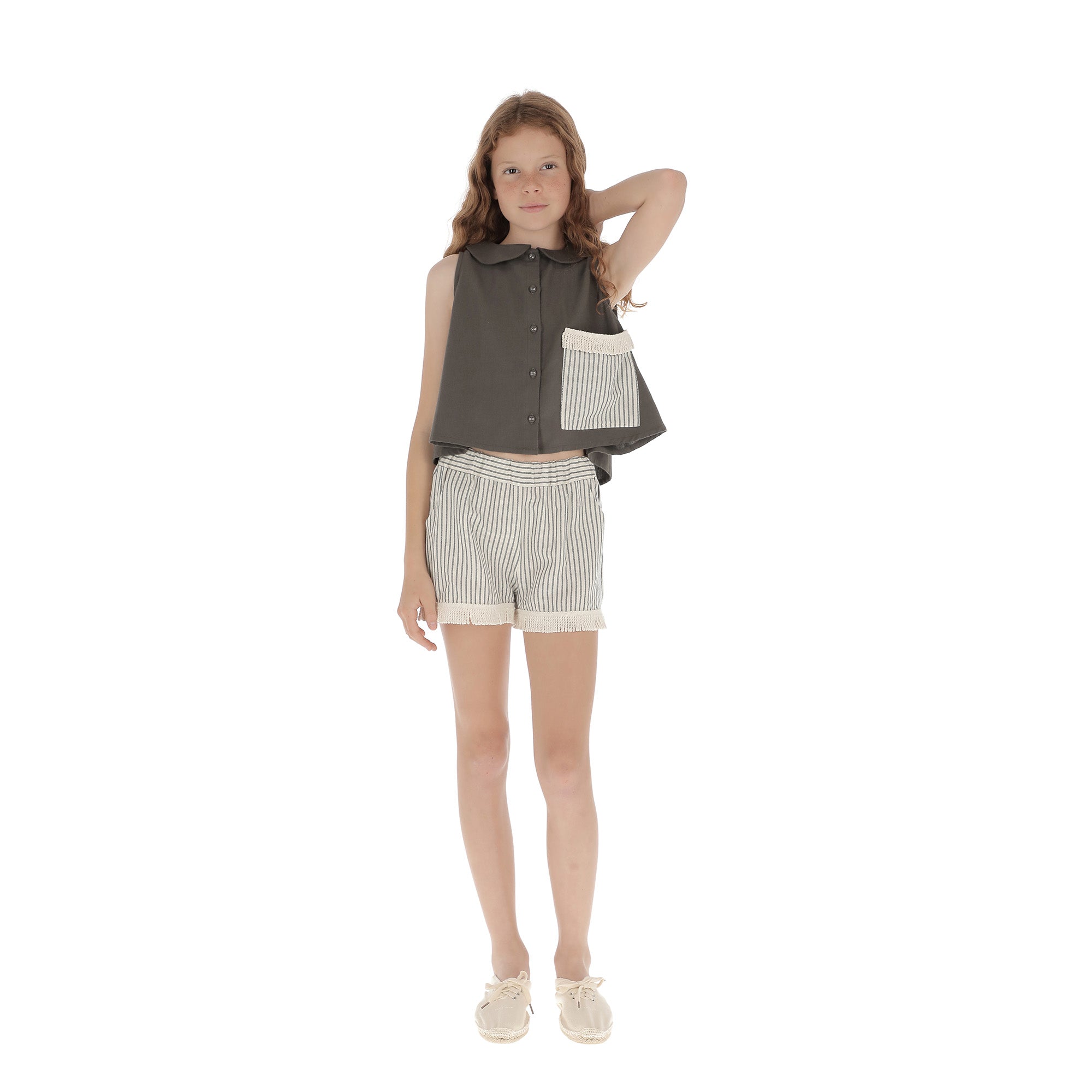 Girls Grey Stripes Cotton Shorts