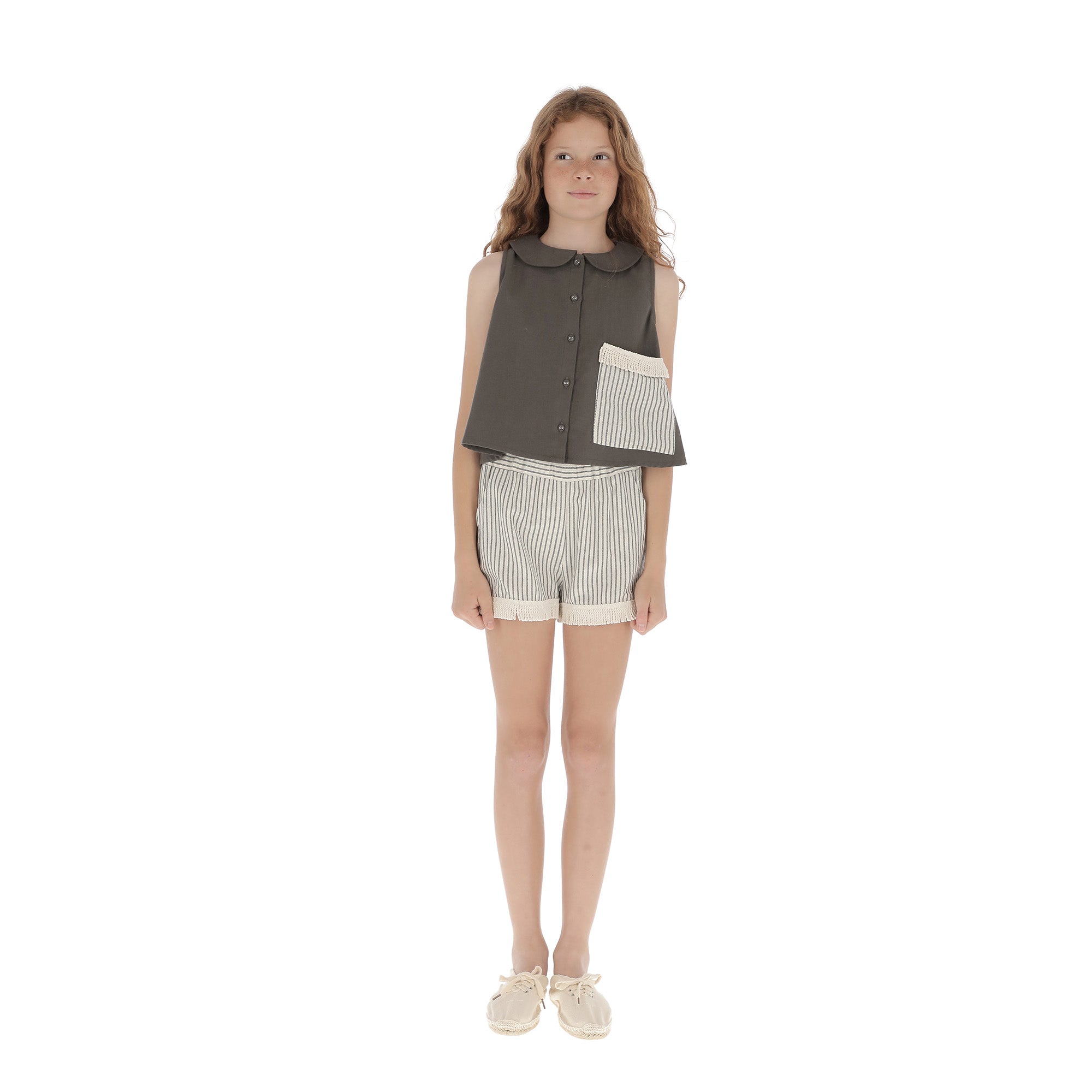 Girls Grey Stripes Cotton Shorts