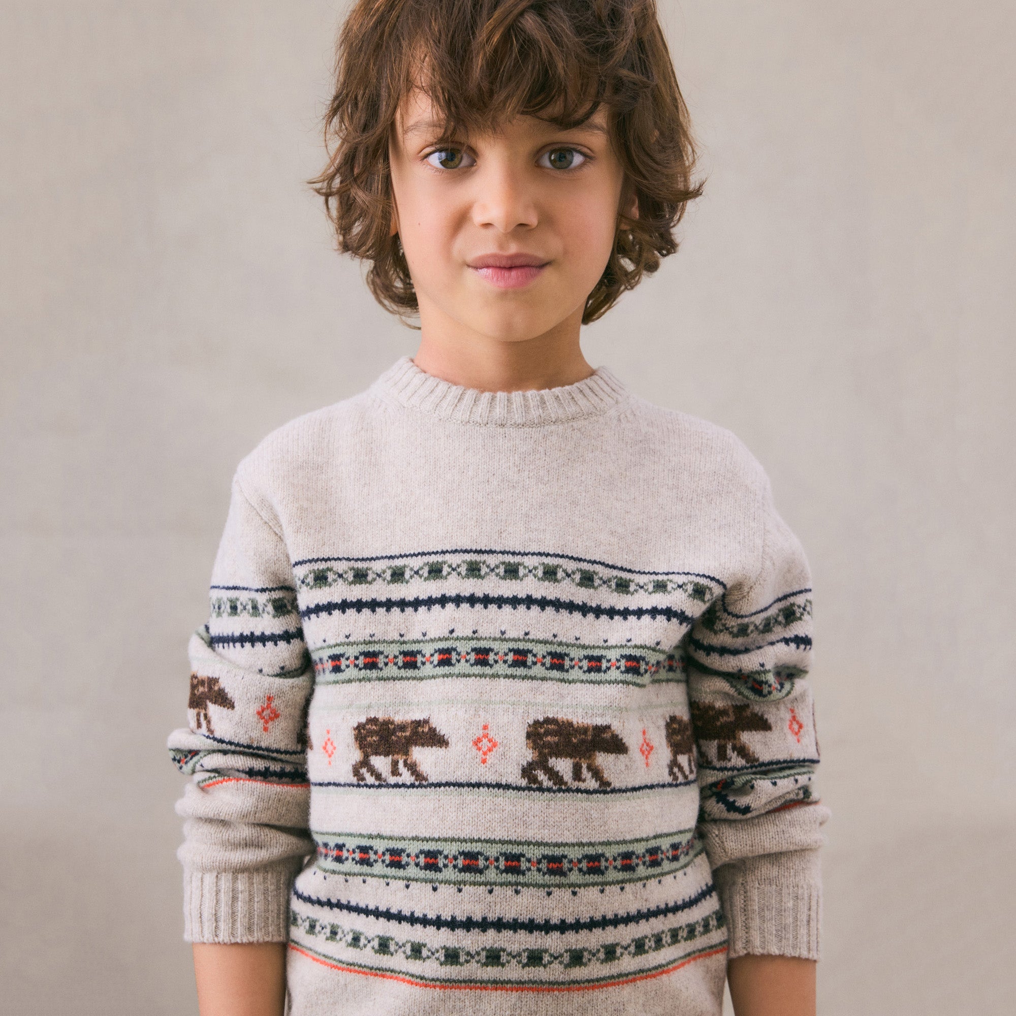 Boys Beige Jacquard Wool Sweater