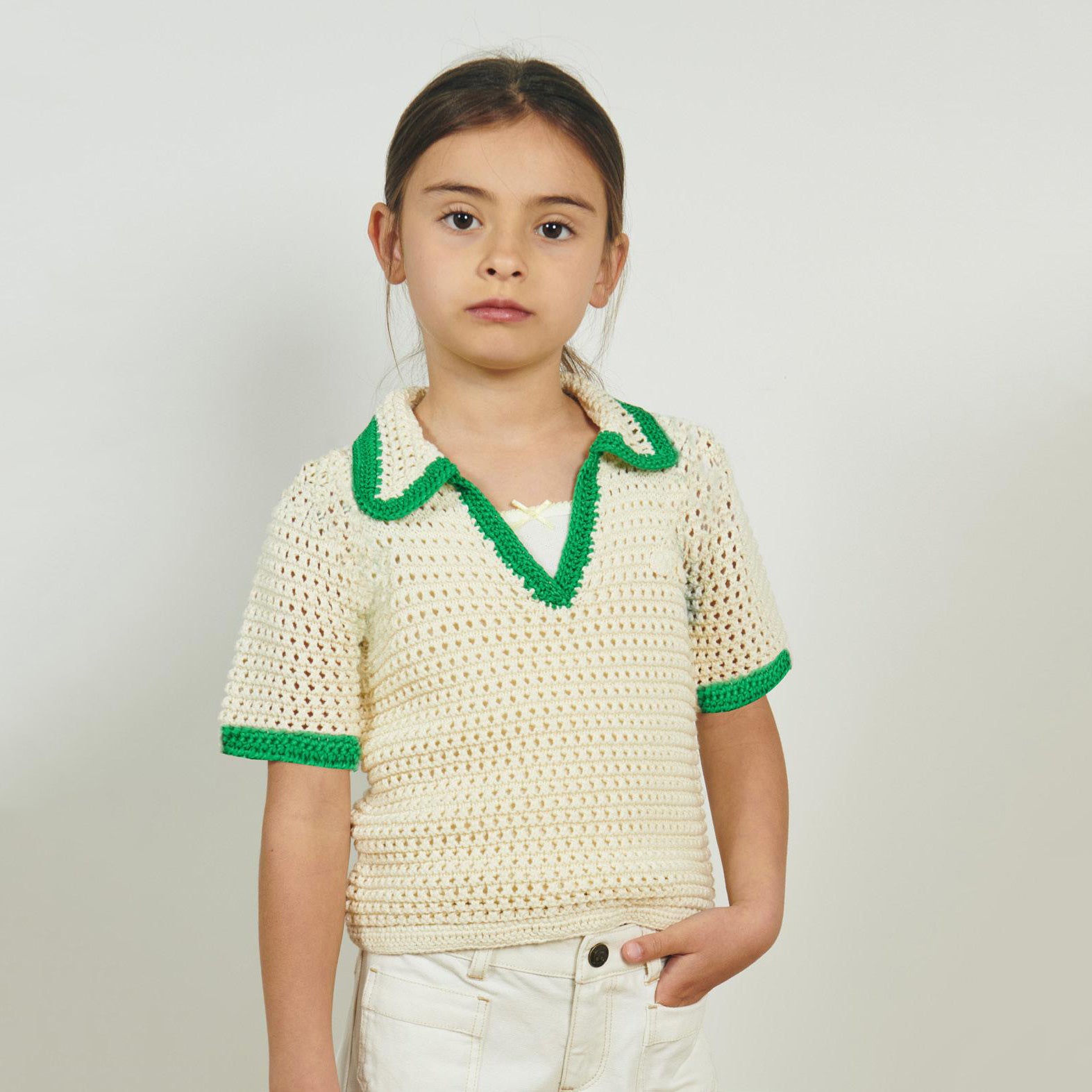 Girls White Hollow Cotton Knit Sweater