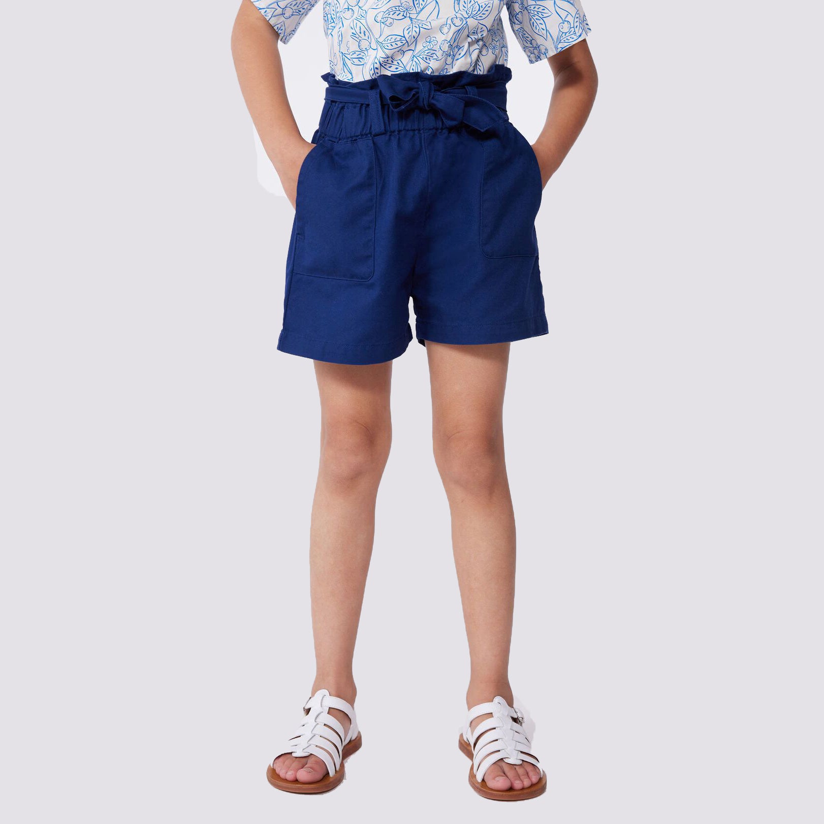 Girls Blue Lace-Up Cotton Shorts