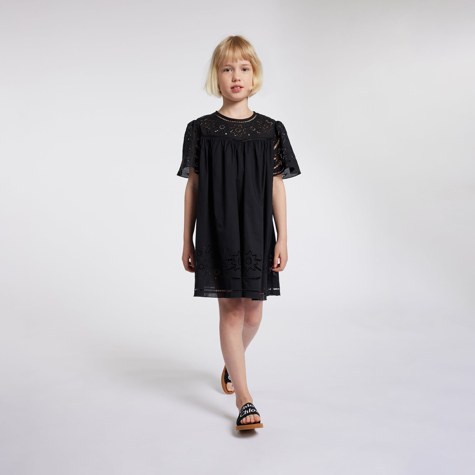 Girls Black Embroidered Cotton Dress