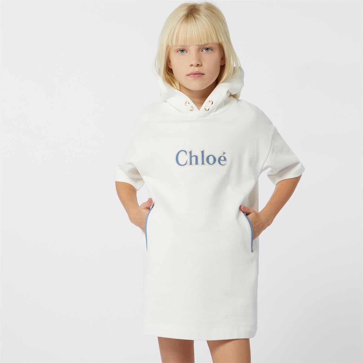 Girls White Logo Hooded Cotton Dress