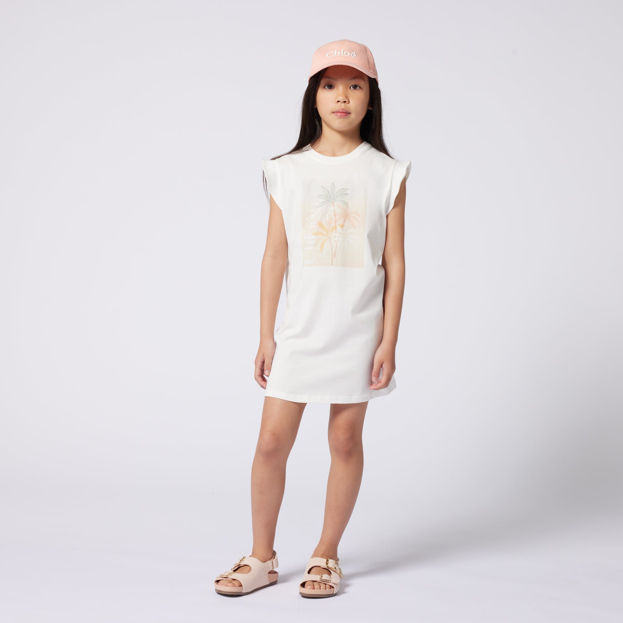 Girls White Printed Cotton Dress