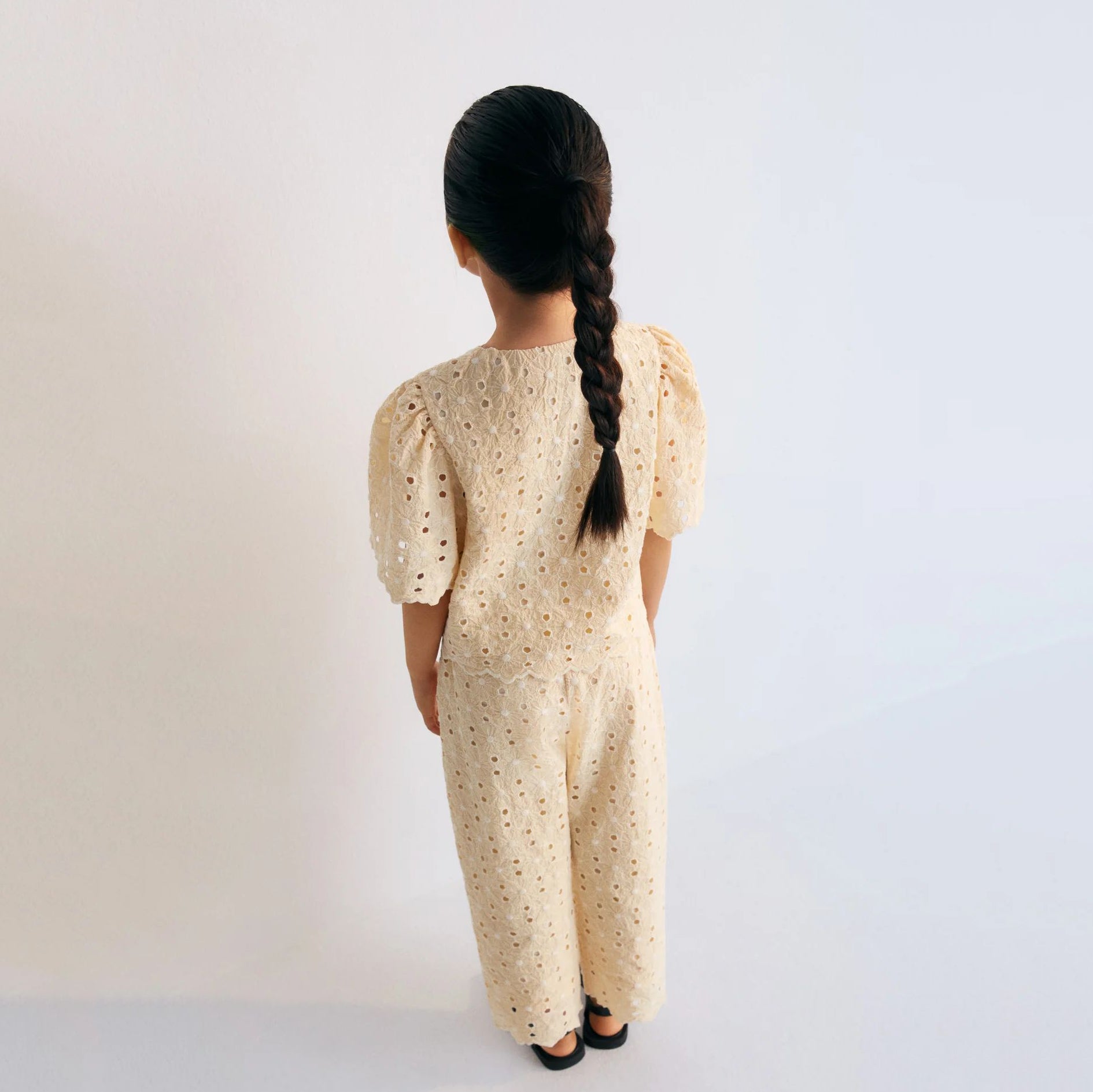 Girls Light Yellow Embroidered Cotton Trousers