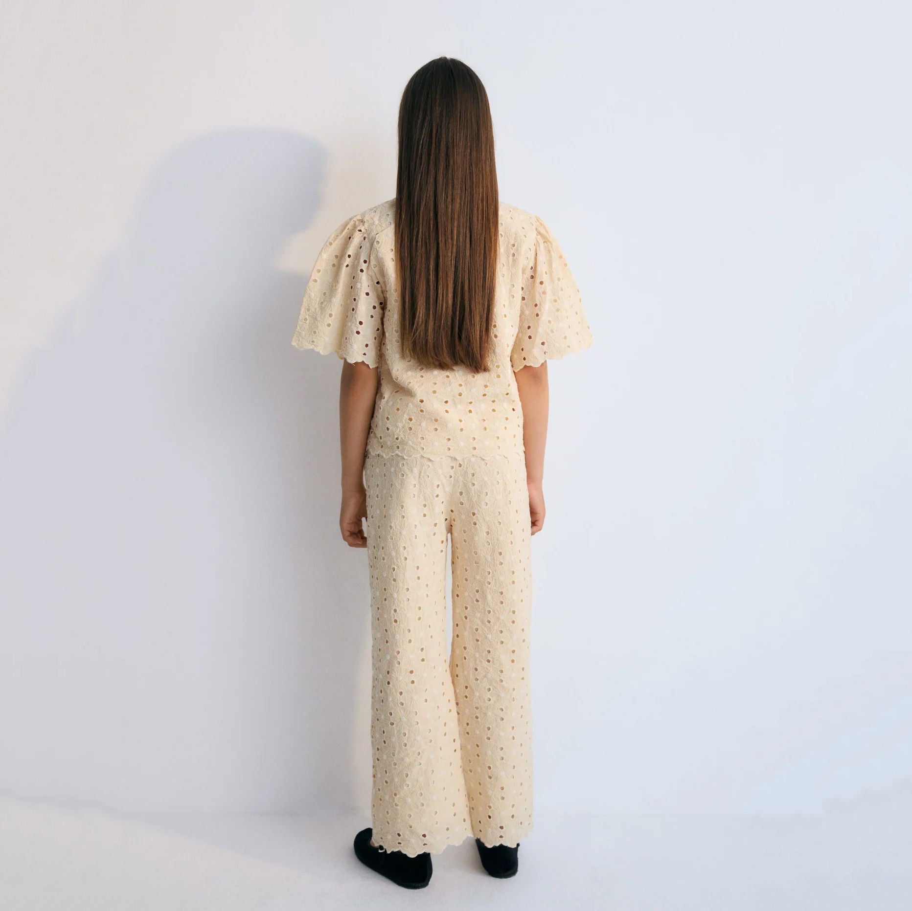 Girls Light Yellow Embroidered Cotton Trousers