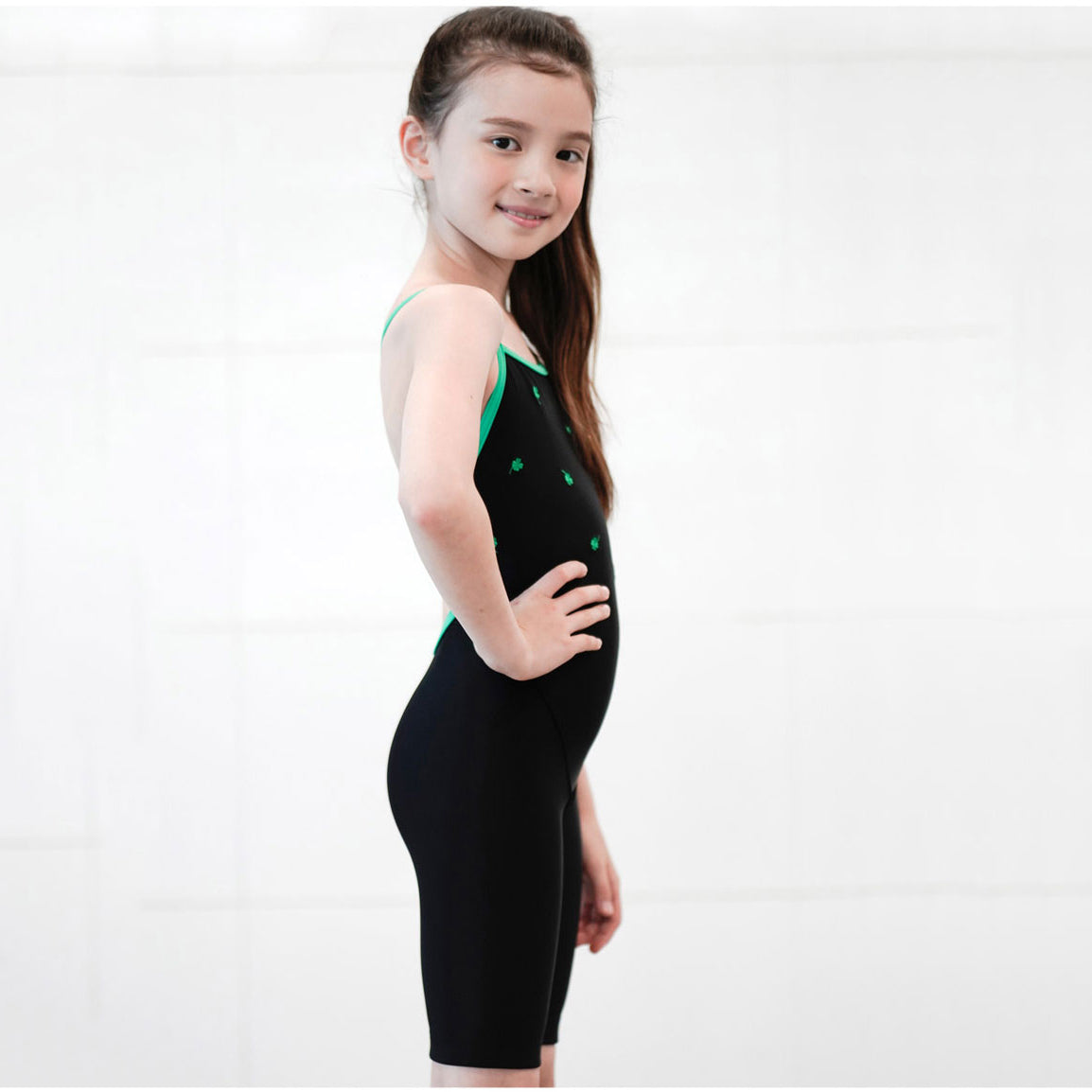 Girls Black Embroidered Cropped Professional Swimsuit