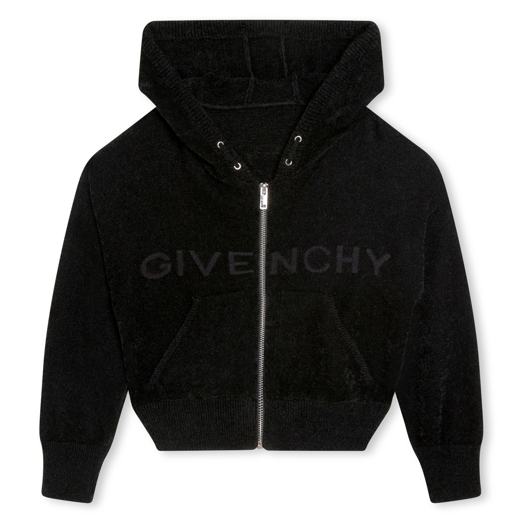 Girls Black Logo Hooded Zip-Up Cardigan