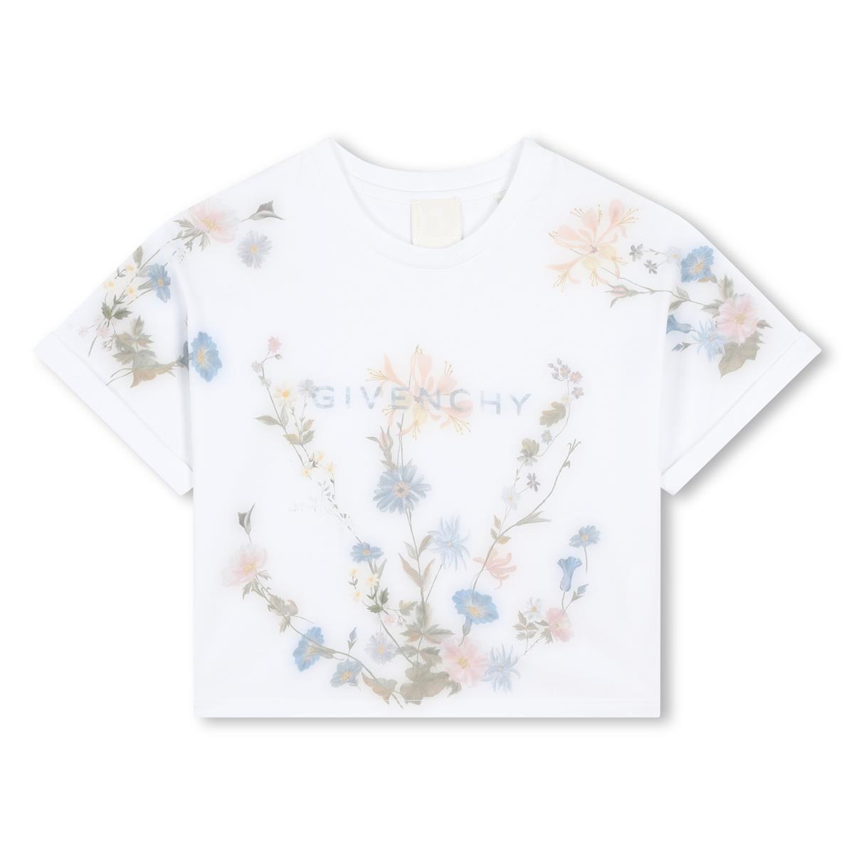 Girls White Flower Cotton T-Shirt