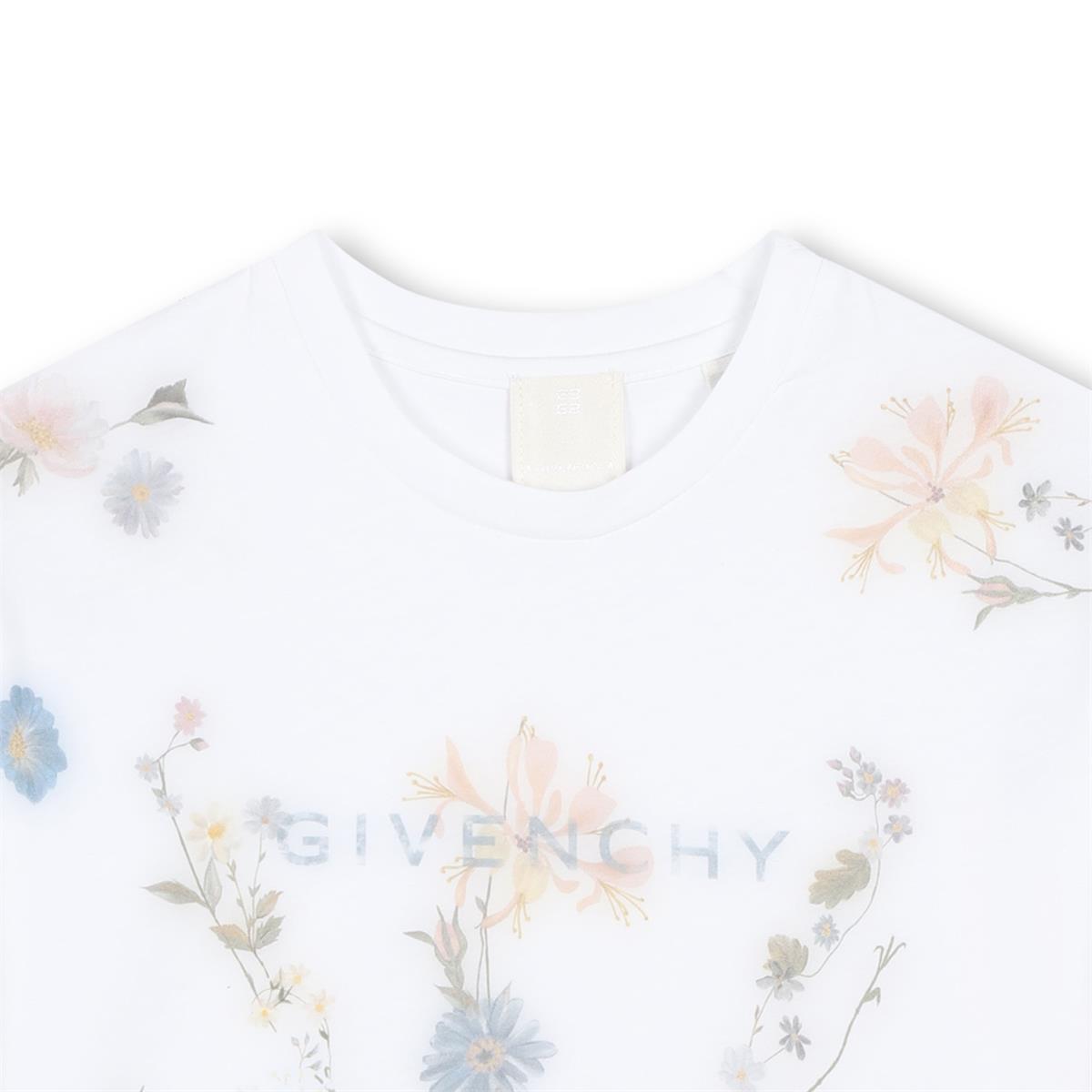 Girls White Flower Cotton T-Shirt