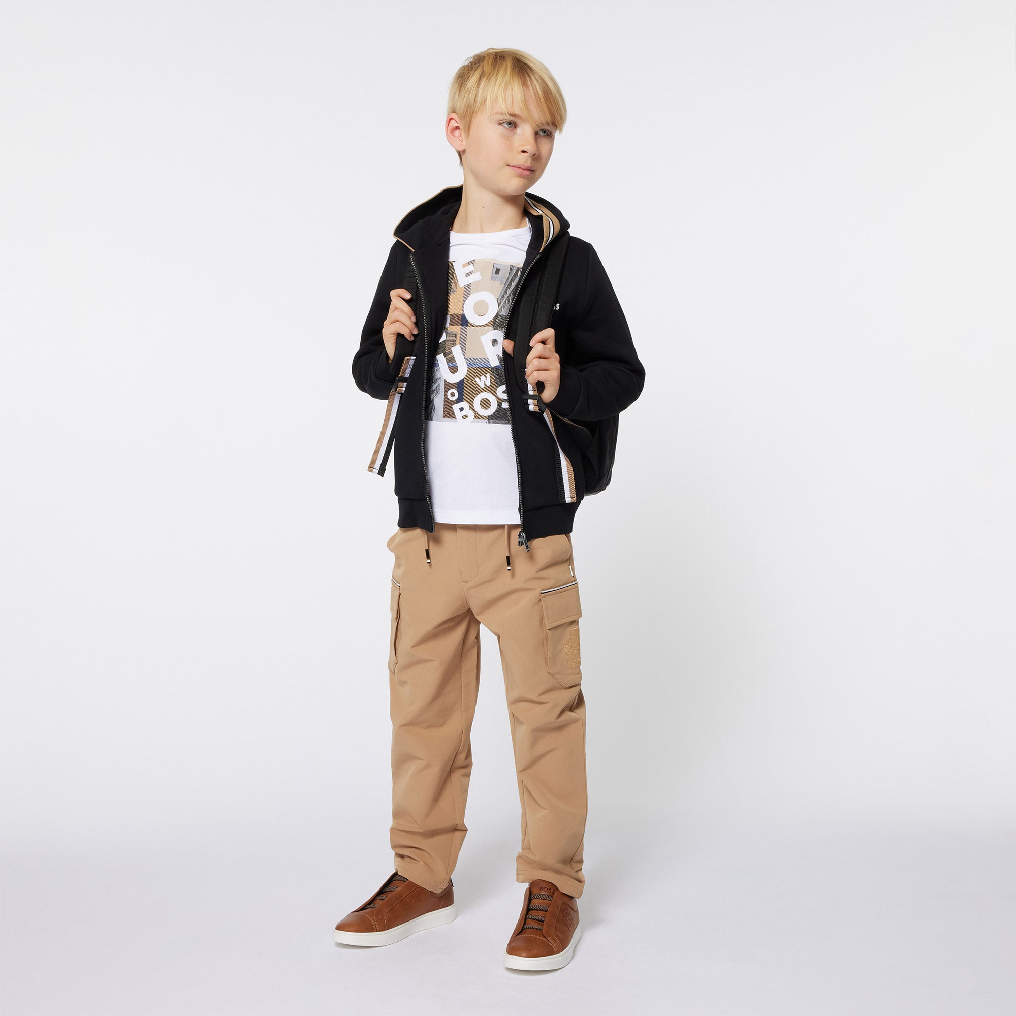 Boys Black Cotton Zip-Up Top