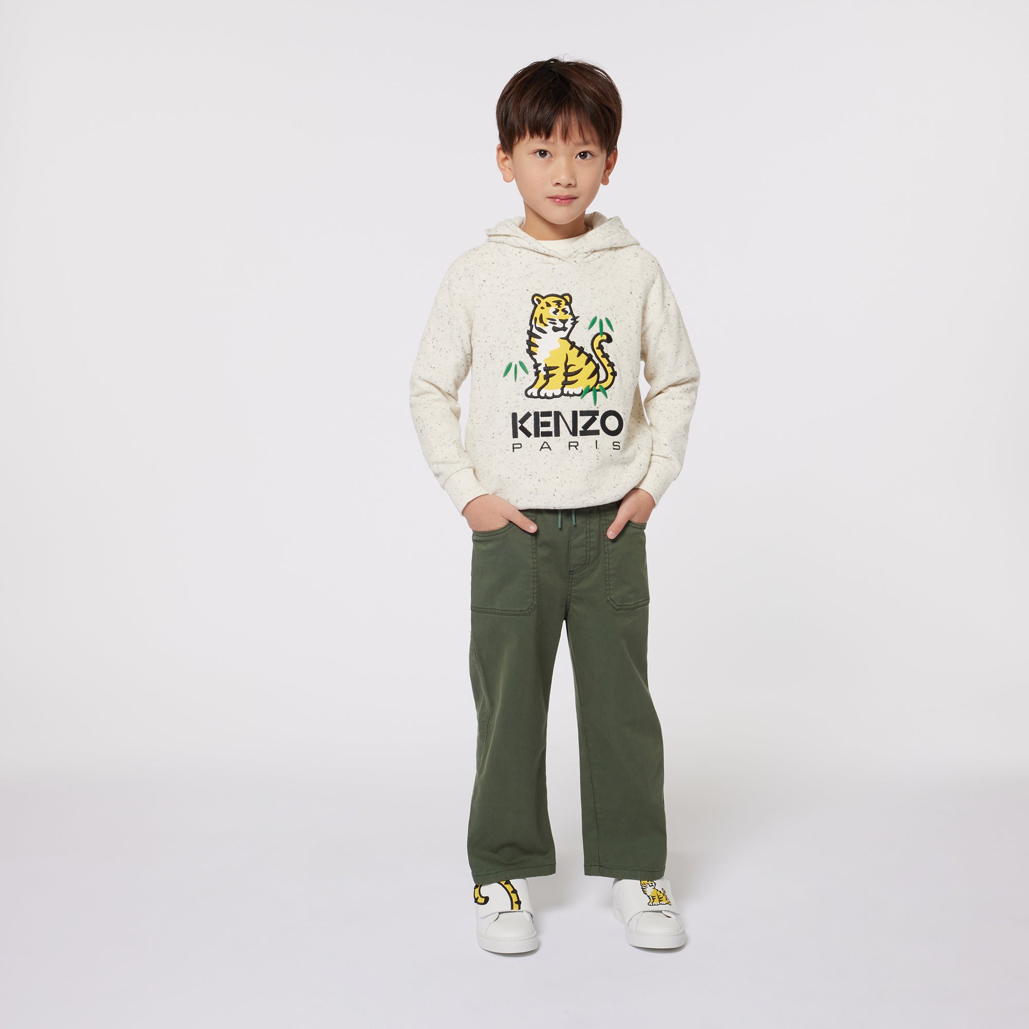 Boys Beige Tiger Hooded Cotton Sweatshirt