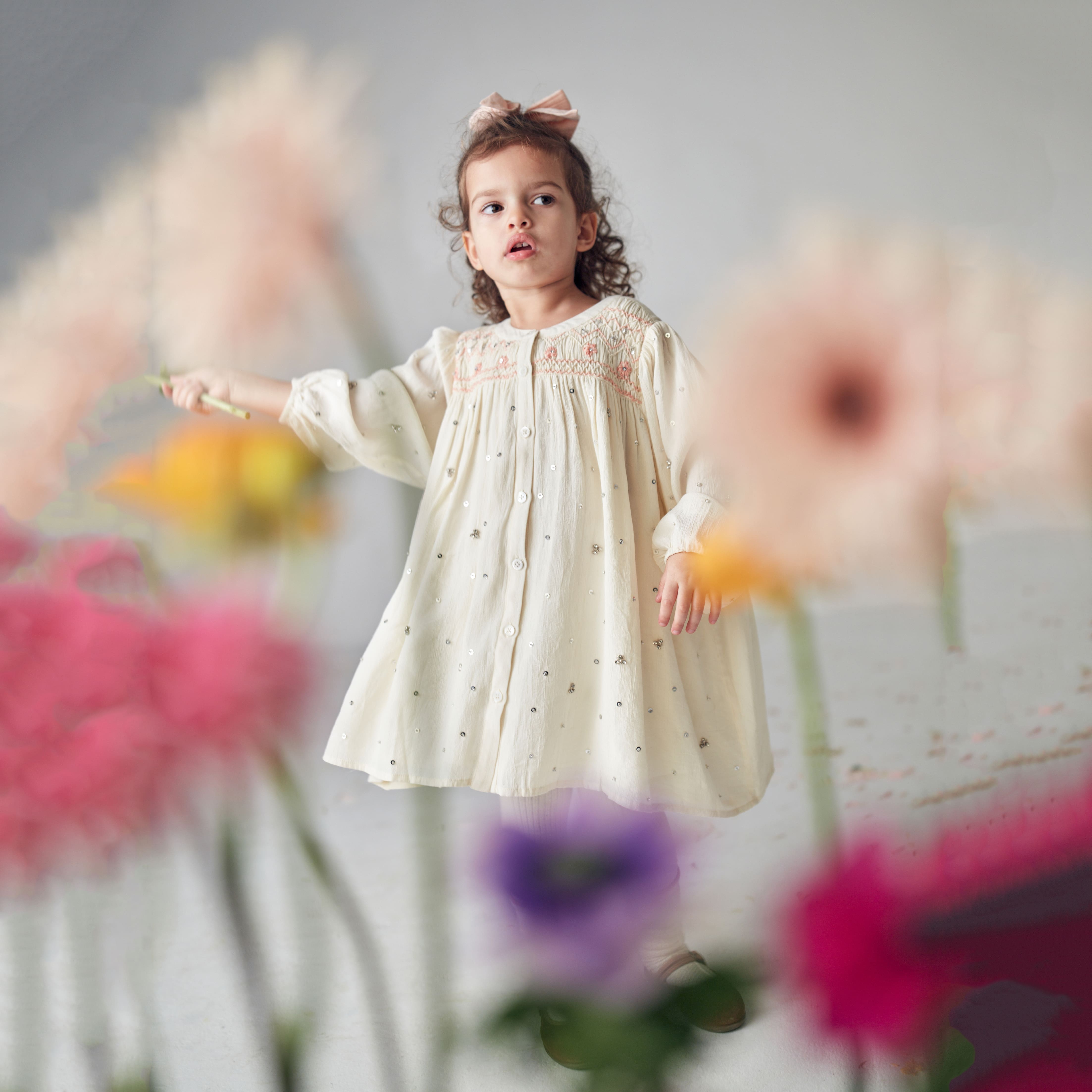 Girls Cream Embroidered Dress