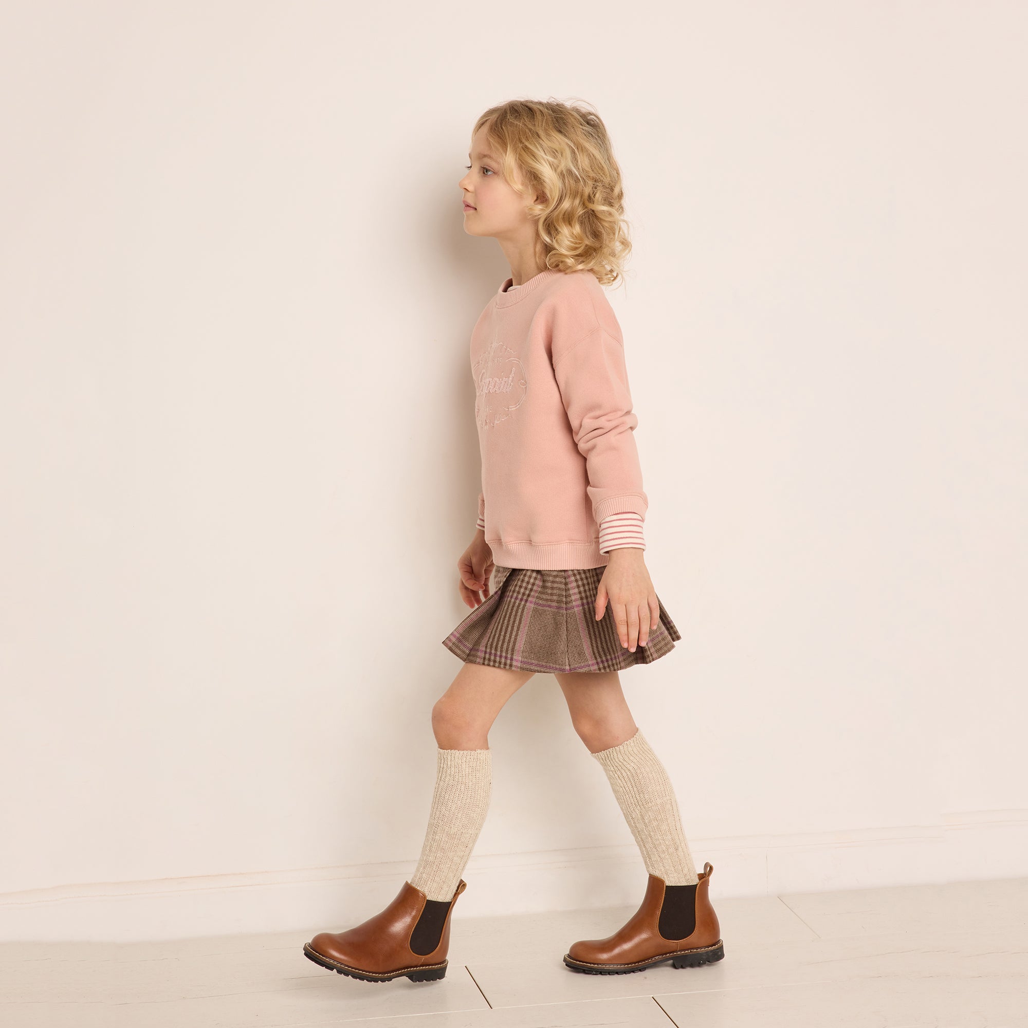 Girls Camel Check Wool Skirt