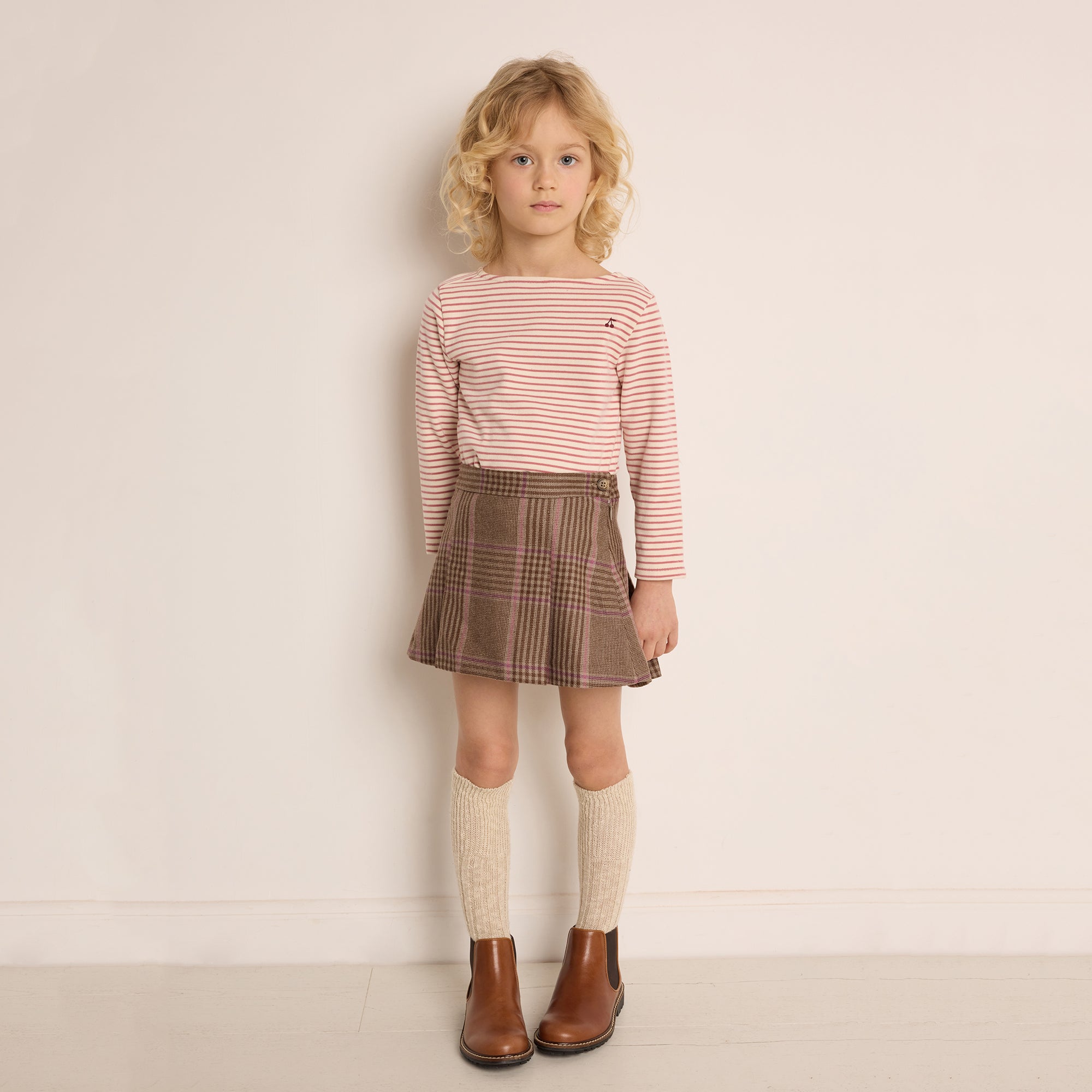 Girls Camel Check Wool Skirt