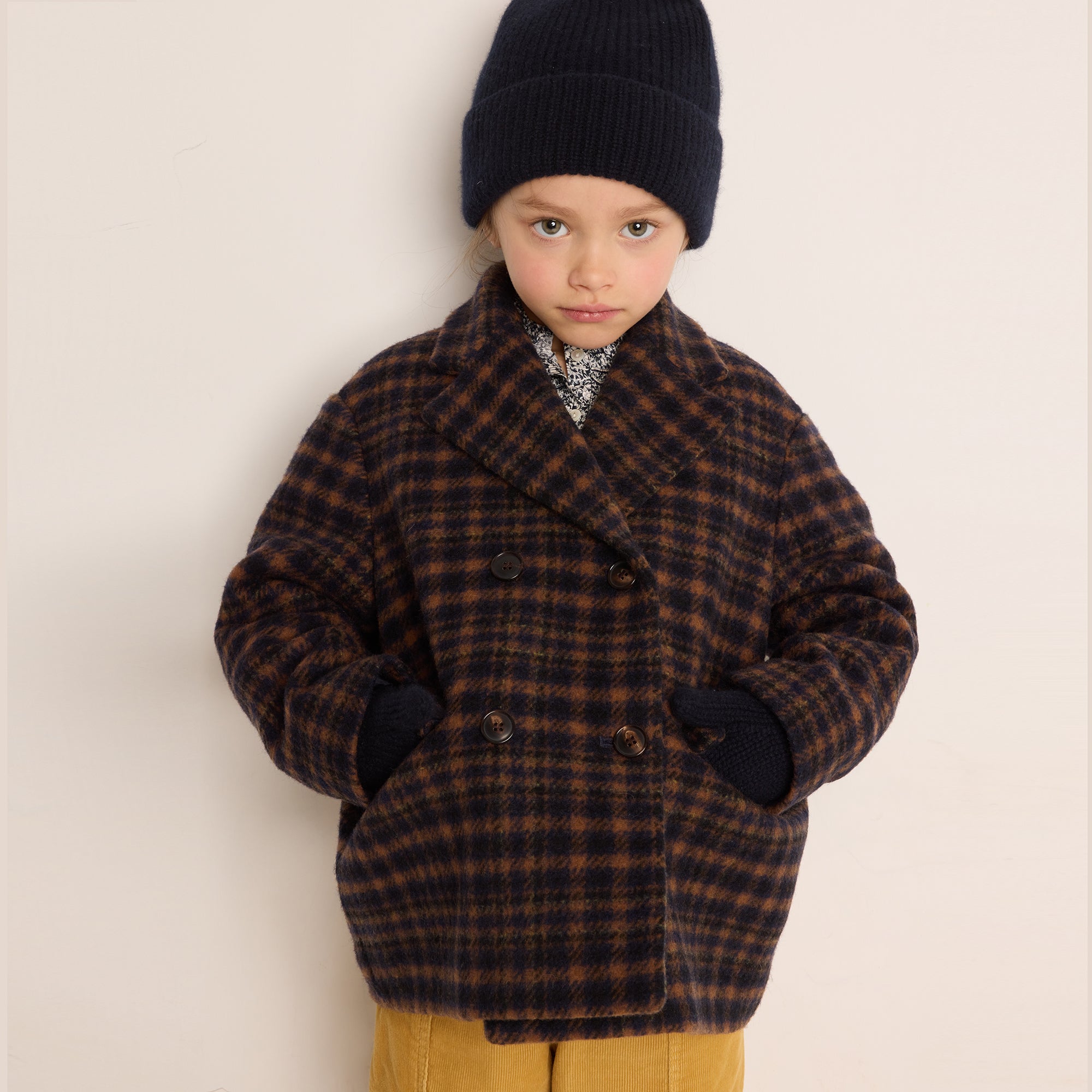 Girls Navy Check Wool Coat