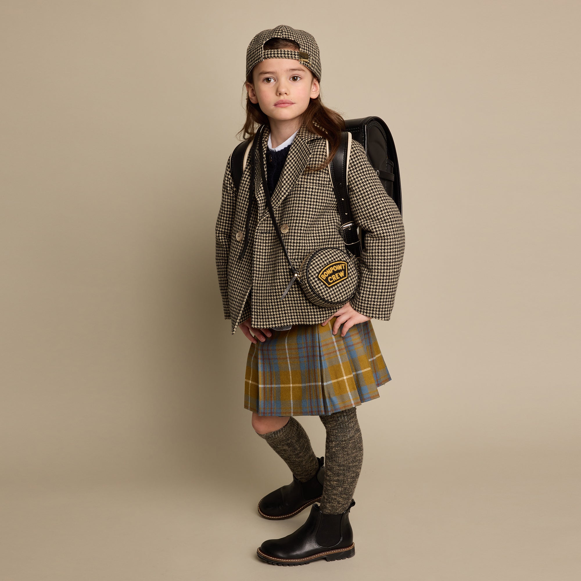 Girls Beige Check Wool Coat