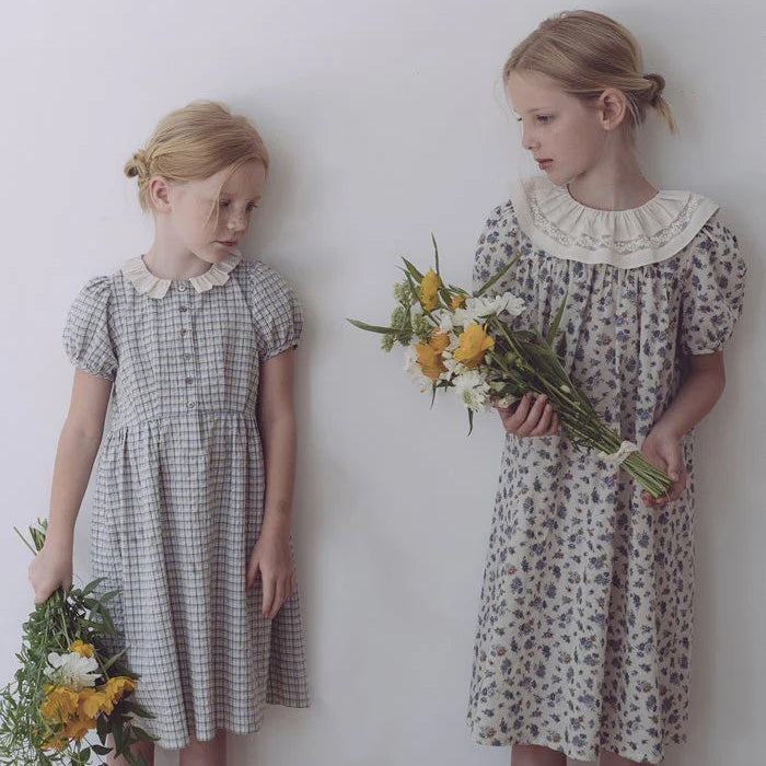 Girls Doll Collar Blue Plaid Cotton Dress