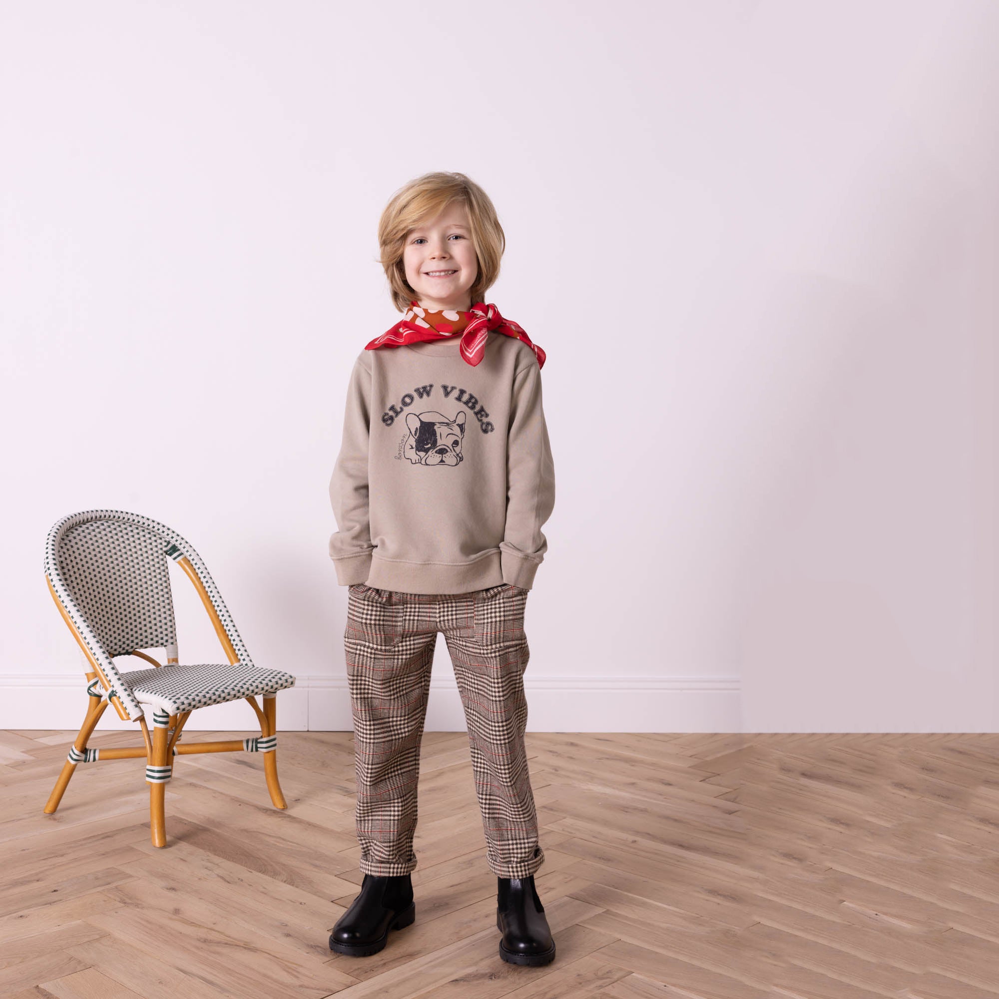 Boys Beige Check Cotton Trousers