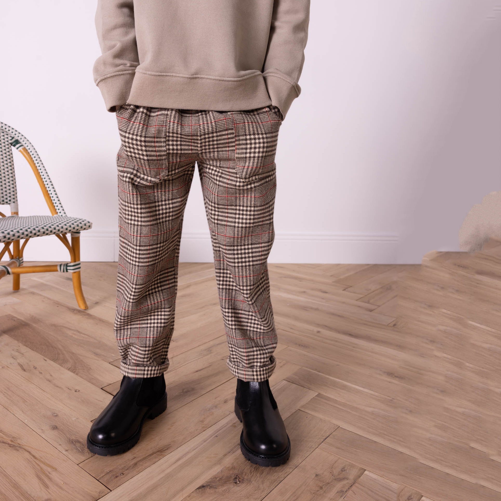 Boys Beige Check Cotton Trousers