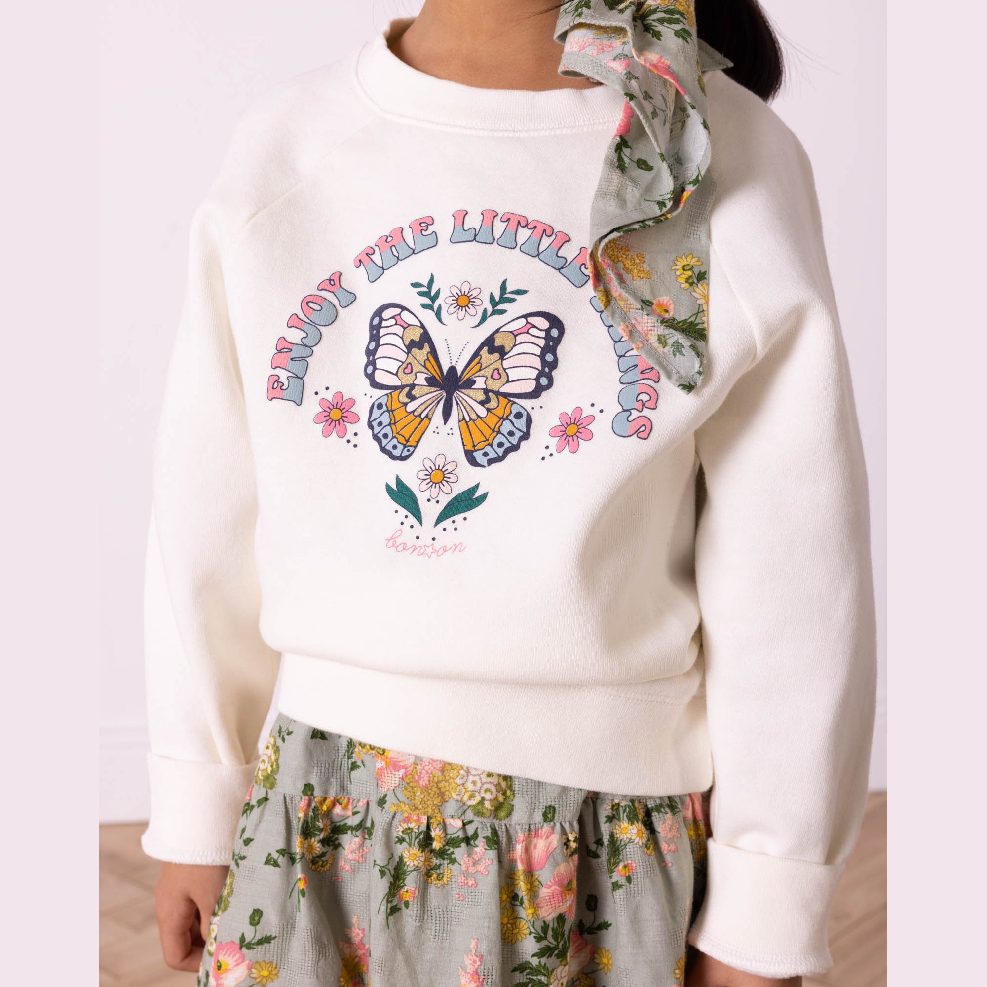 Girls White Printed Cotton Sweatshirt