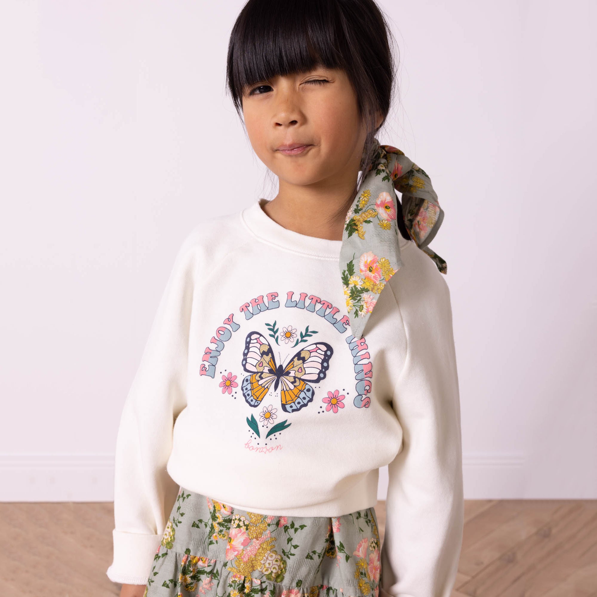 Girls White Printed Cotton Sweatshirt