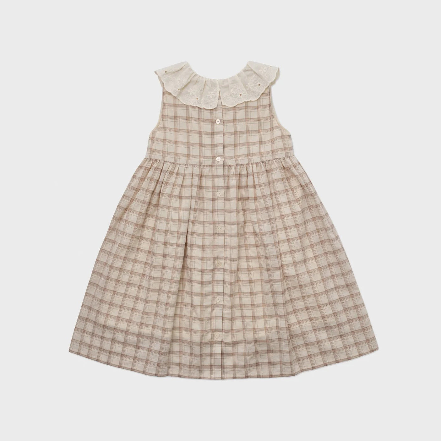 Girls Beige Cotton Plaid Dress