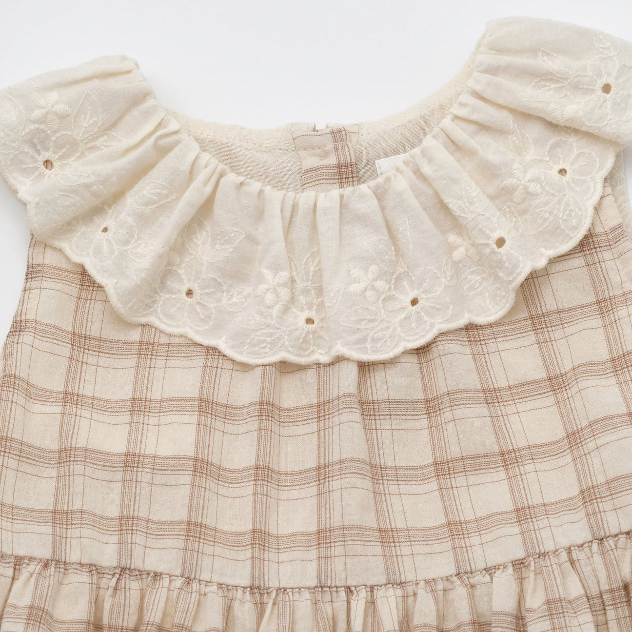 Girls Beige Cotton Plaid Dress
