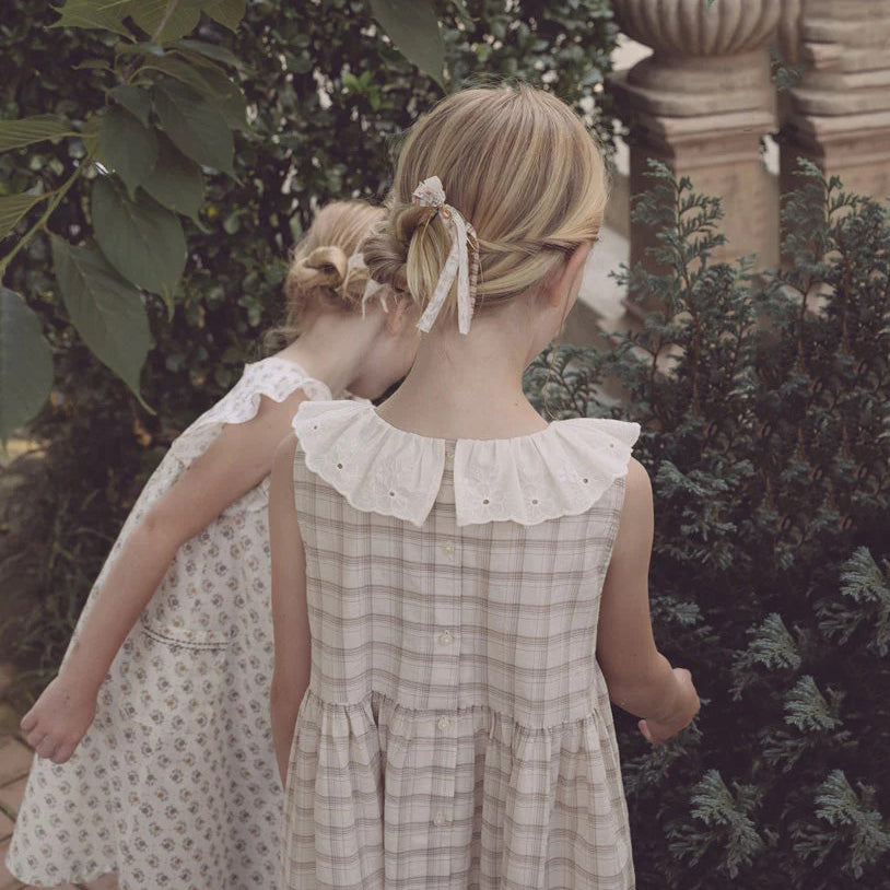 Girls Beige Cotton Plaid Dress