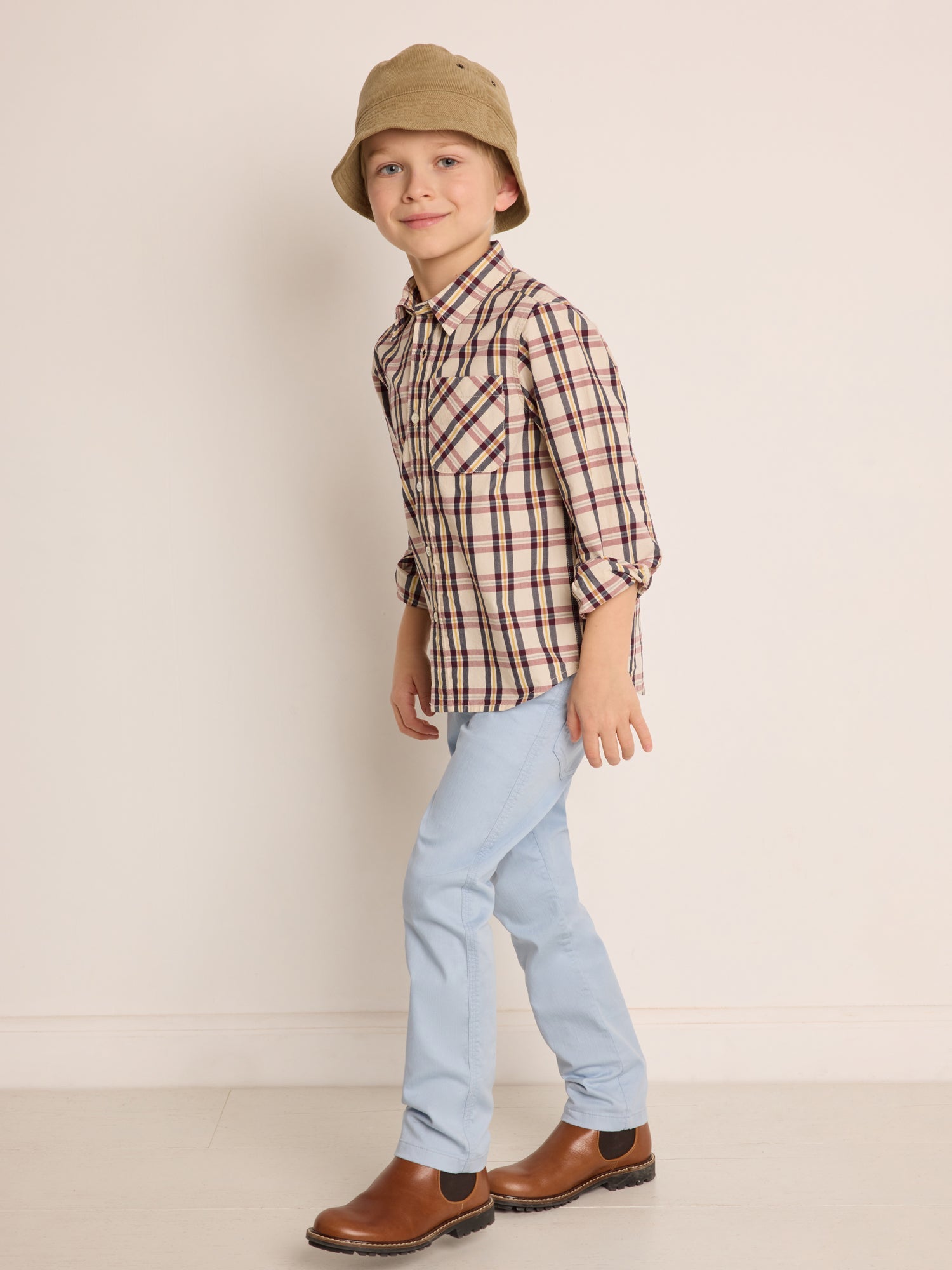 Boys Beige Check Cotton Shirt