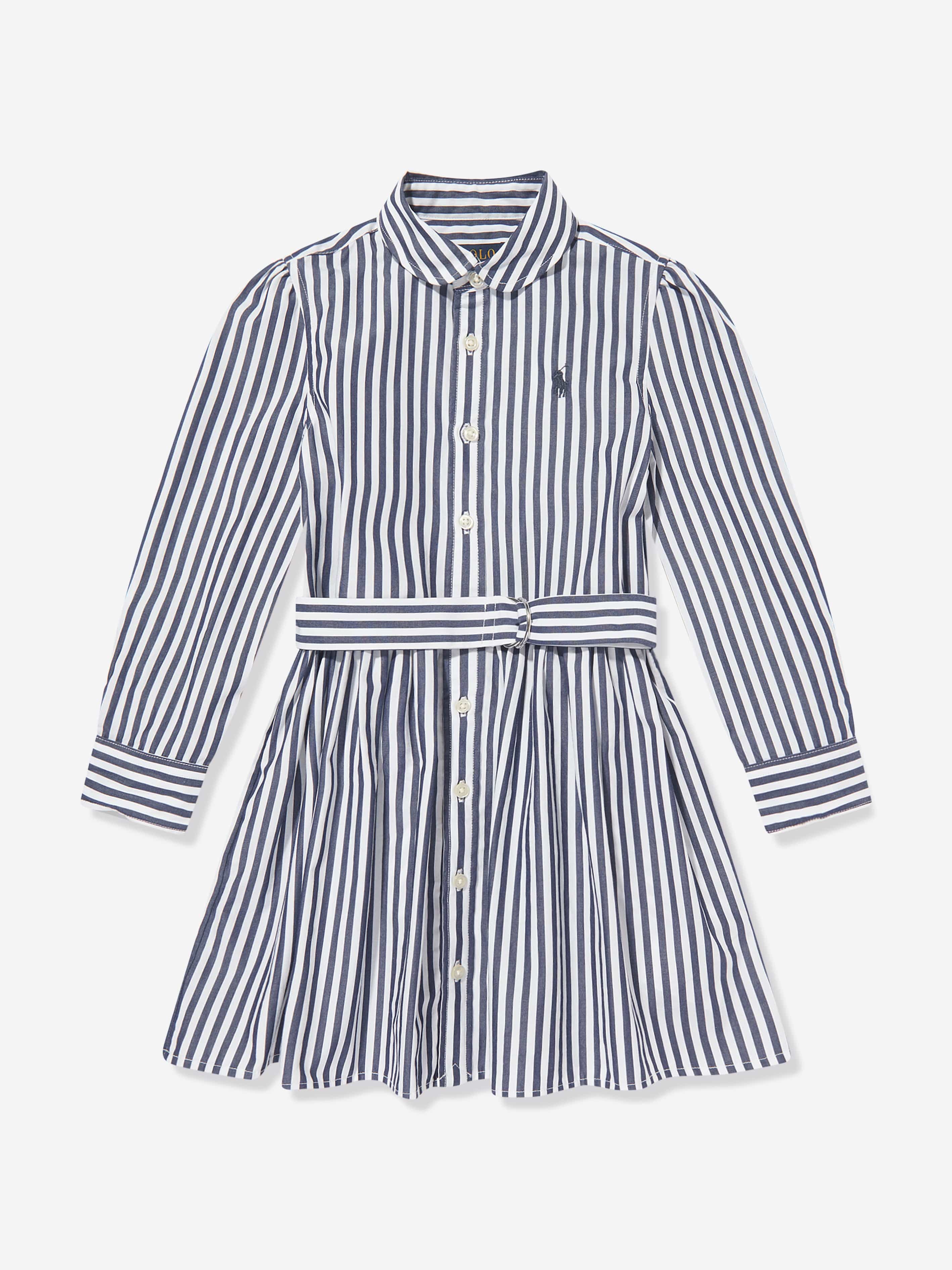 Ralph Lauren Girls Striped Poplin Shirt Dress in Navy