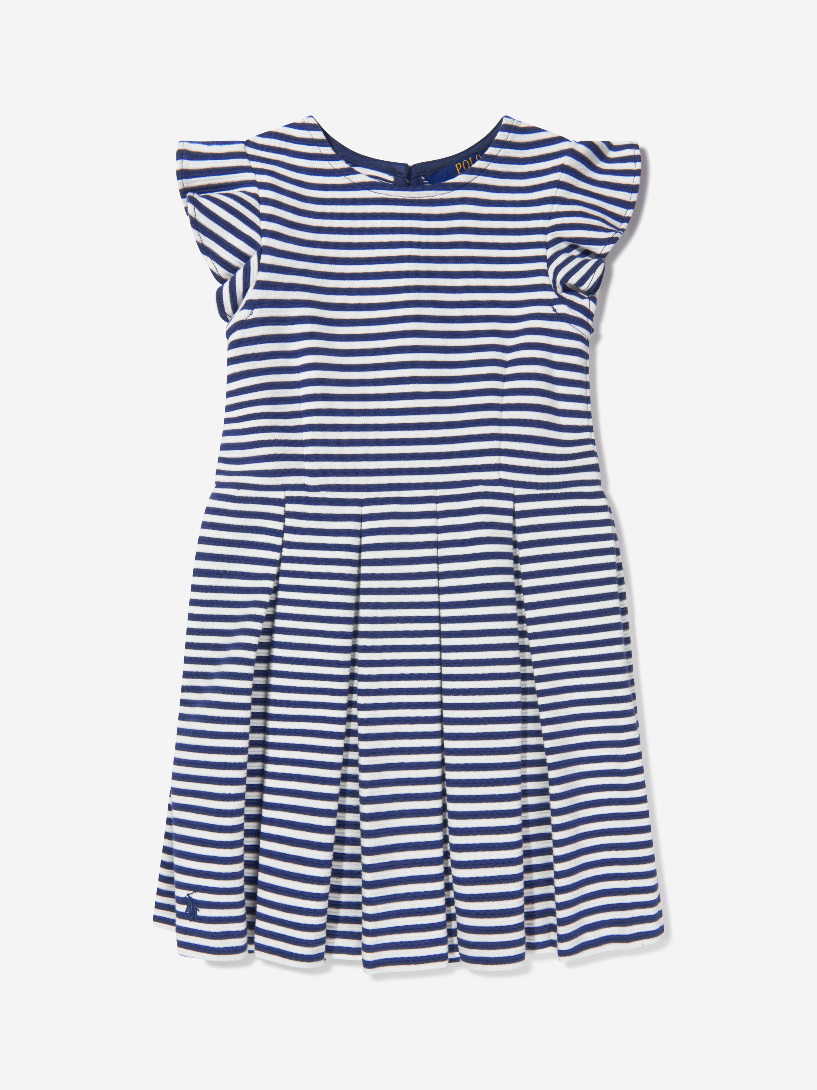 Girls Striped Ruffle Dress in Navy