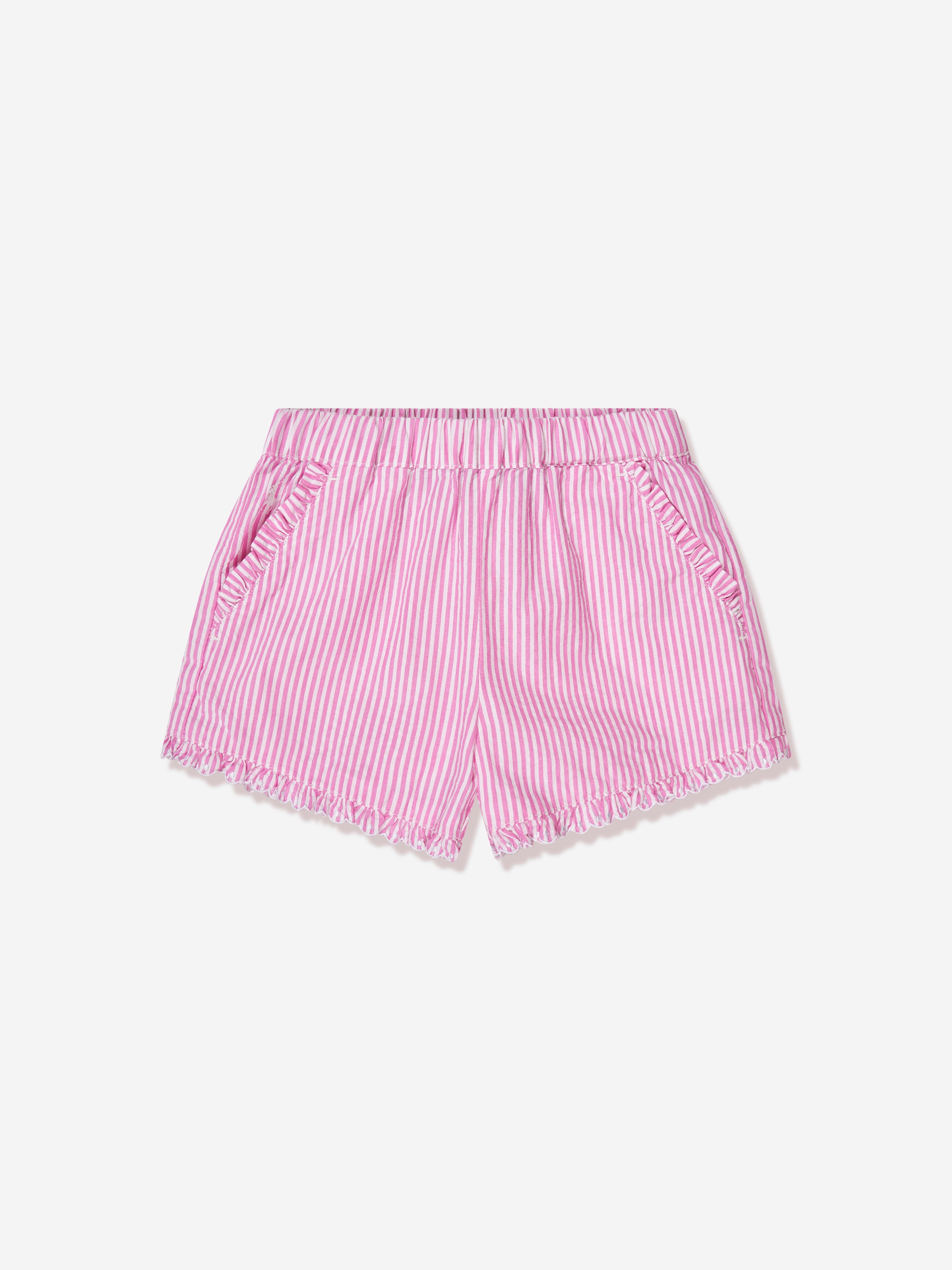 Girls Striped Ruffle Shorts in Pink