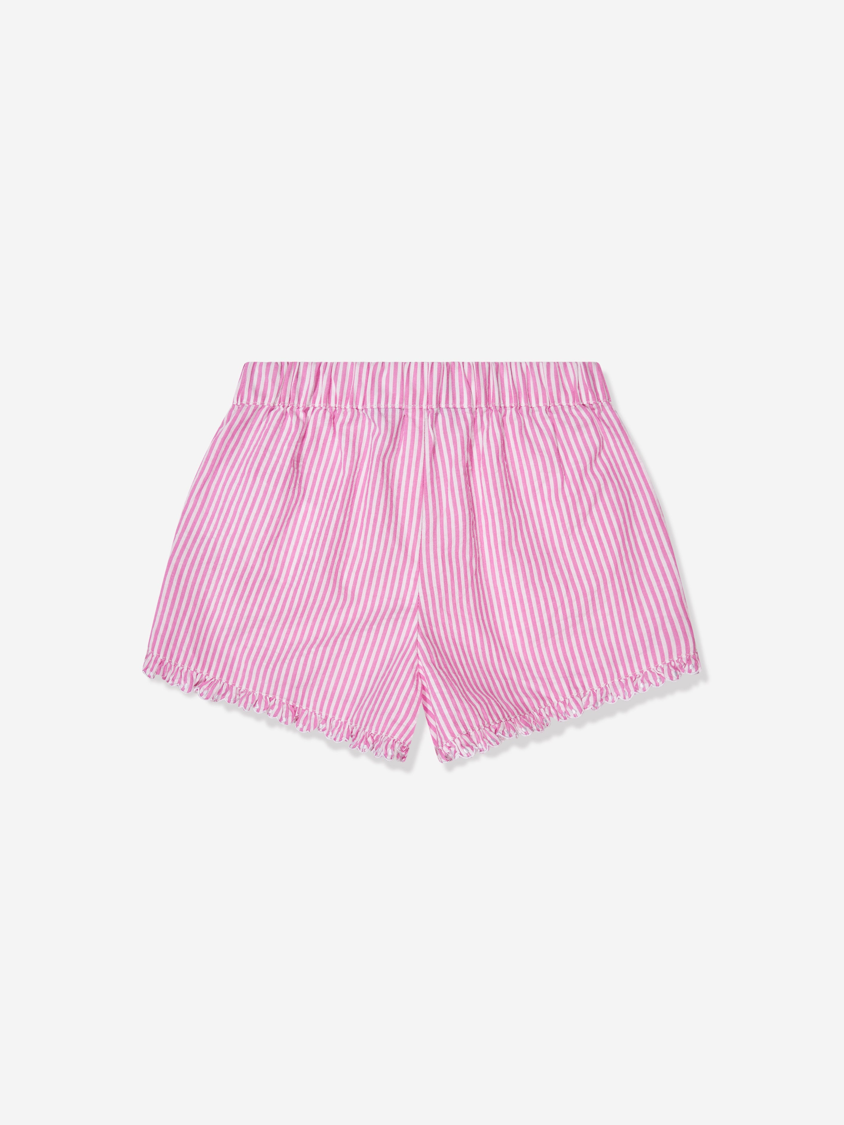 Girls Striped Ruffle Shorts in Pink