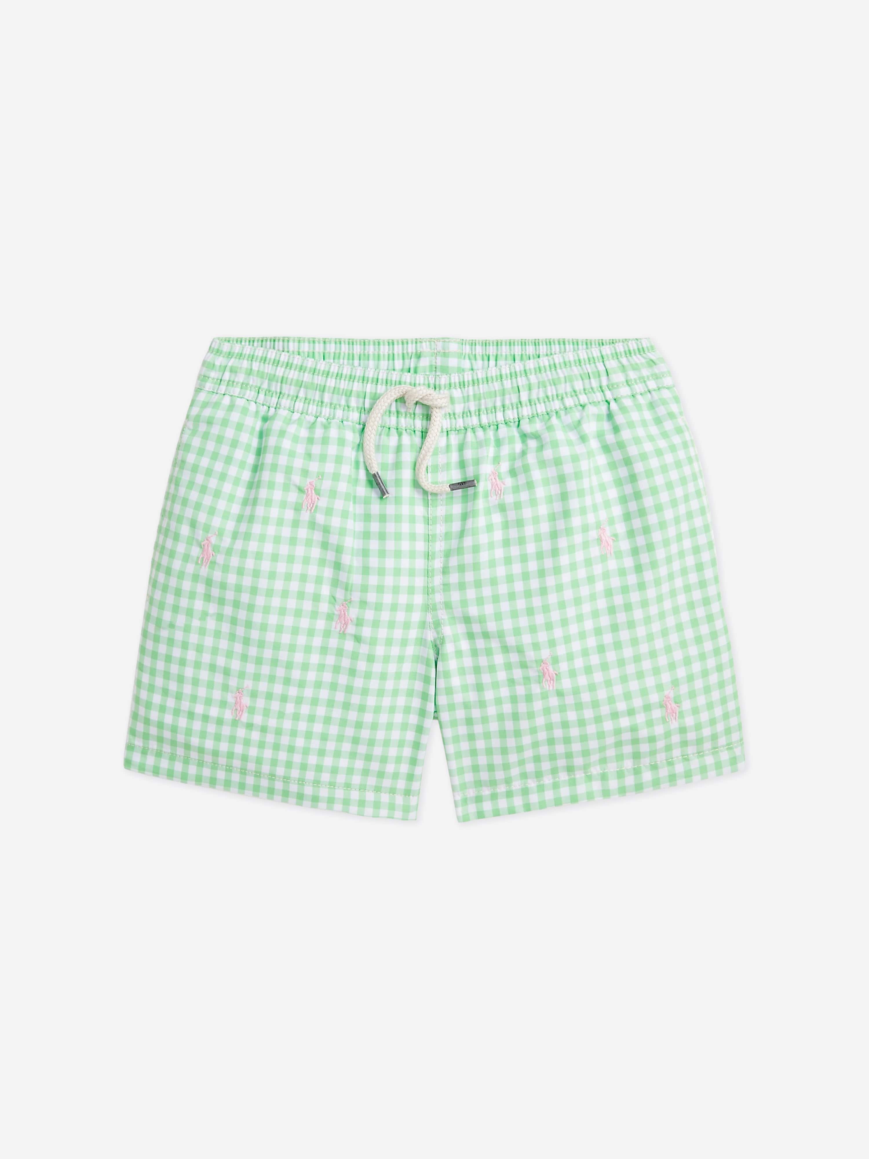 Ralph Lauren Boys Gingham Logo Swim Shorts in Green