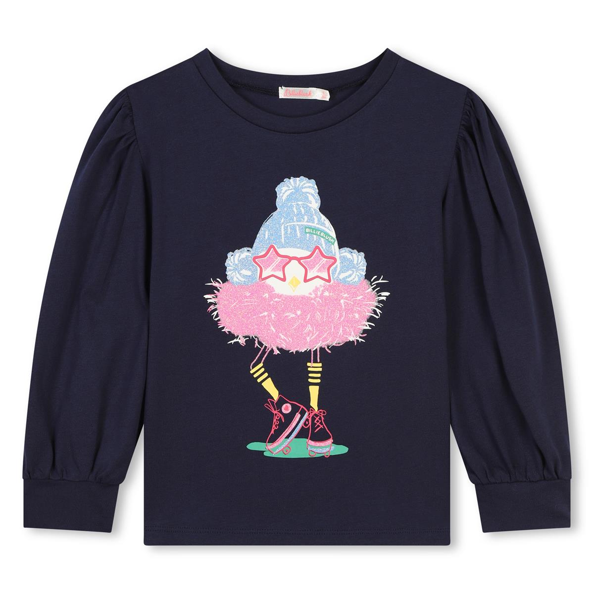 Girls Dark Blue Printed Cotton T-Shirt