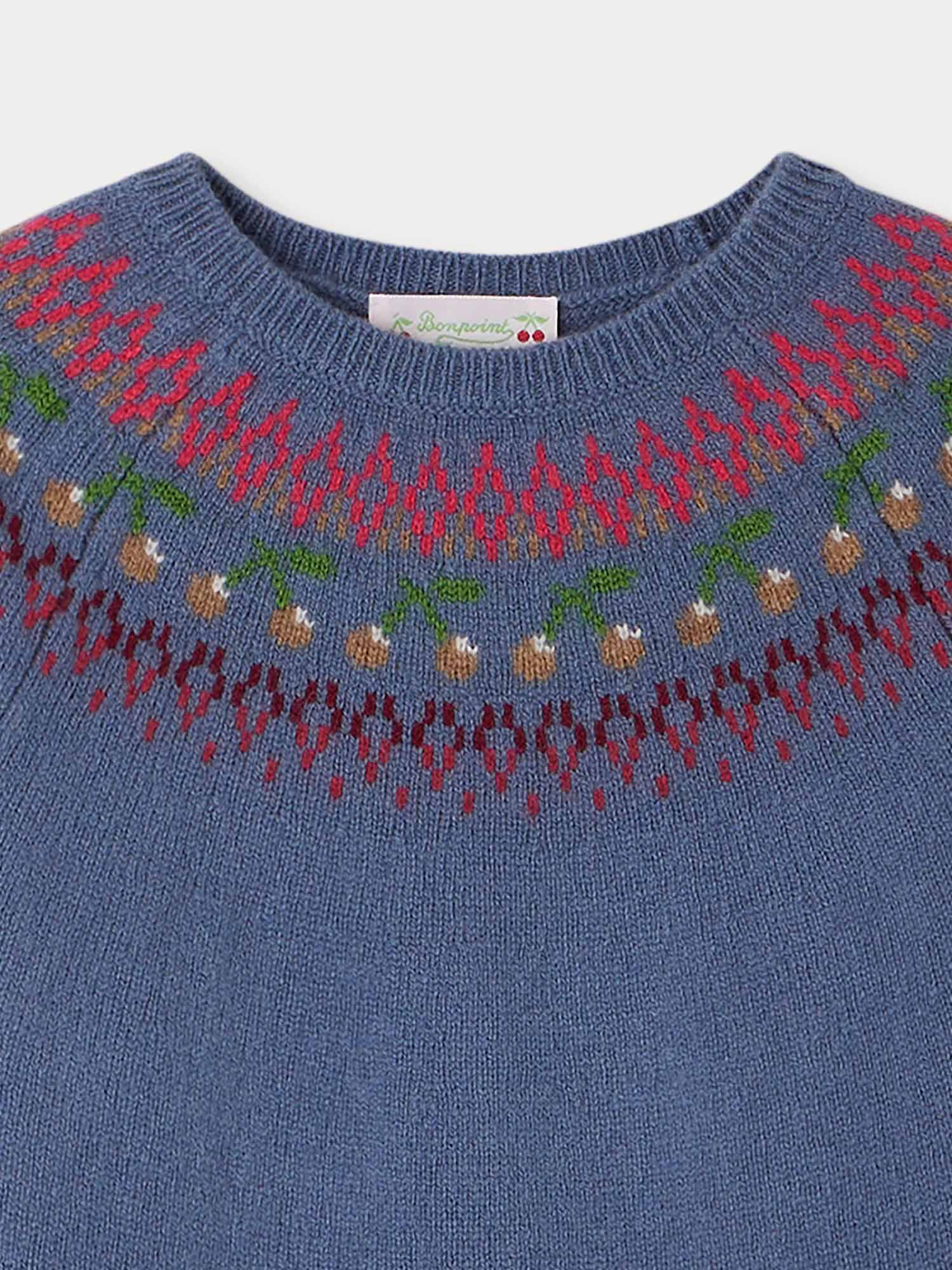 Girls Blue Jacquard Wool Sweater