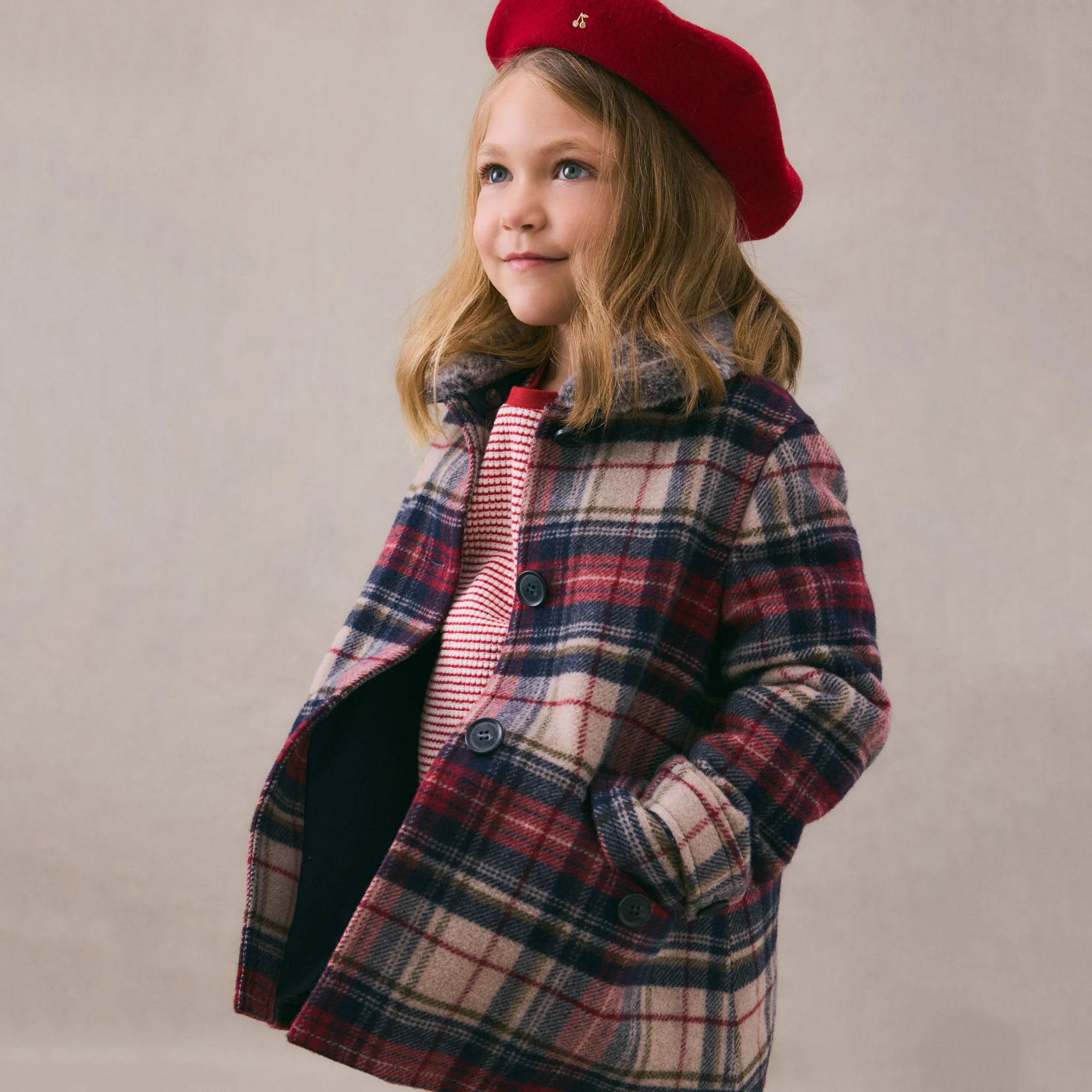 Girls Multicolor Check Wool Coat