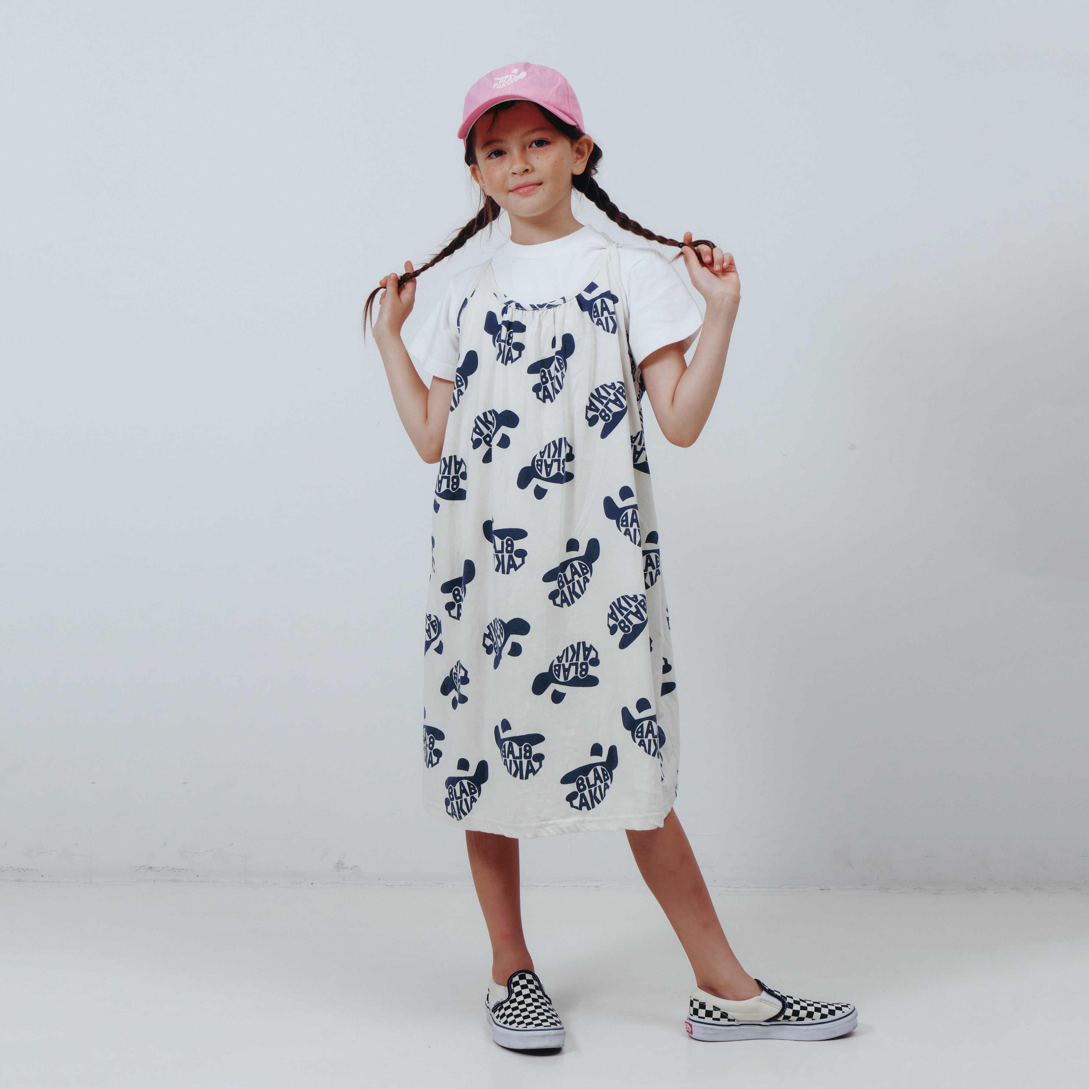 Girls White Printed Cotton Strap Dress