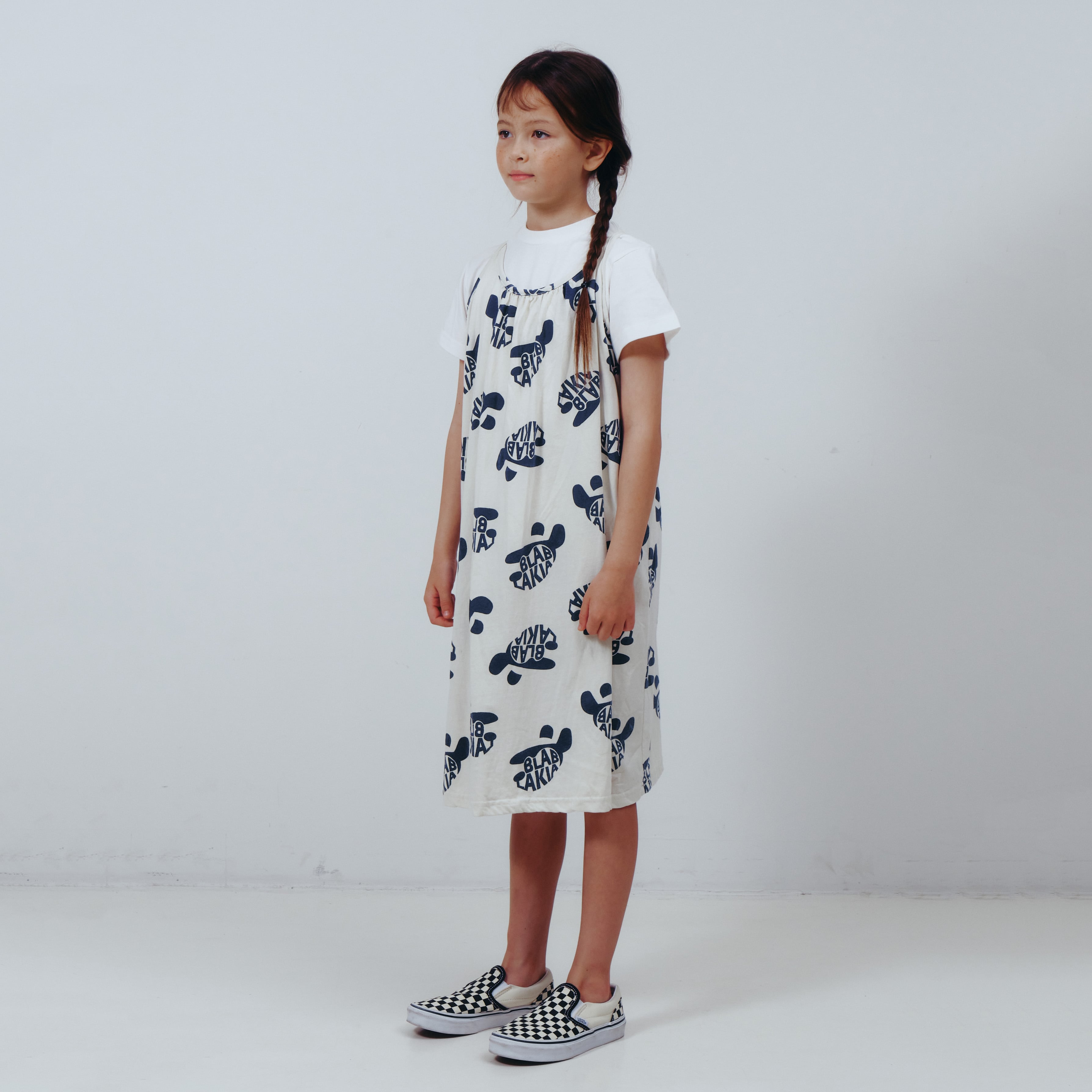 Girls White Printed Cotton Strap Dress