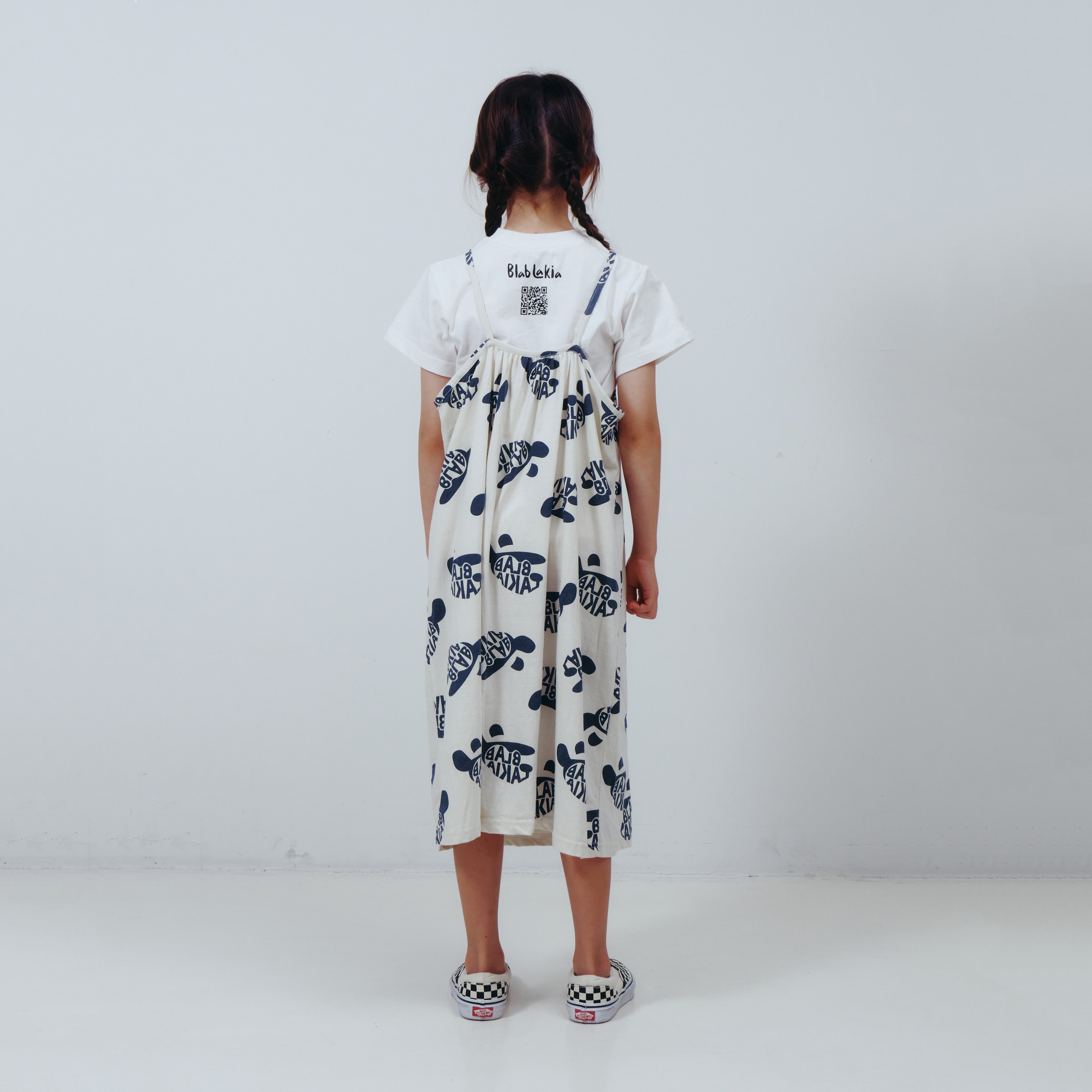 Girls White Printed Cotton Strap Dress