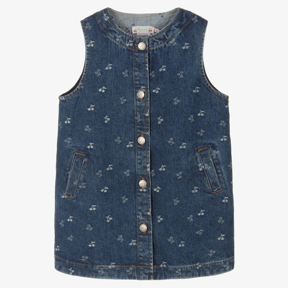 Girls Blue Cherry Jacquard Denim Dress