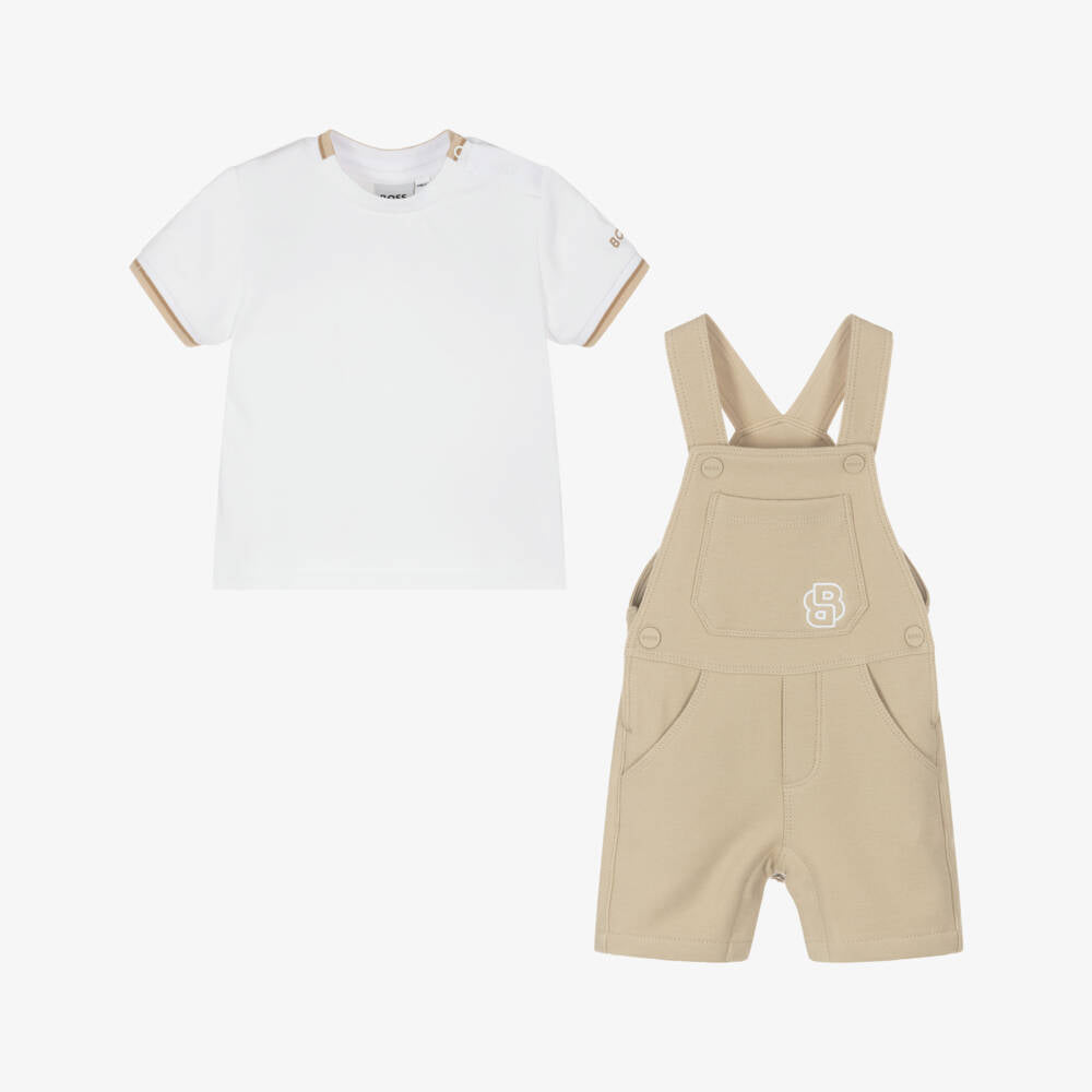 Baby Boys Beige Cotton Dungaree Set